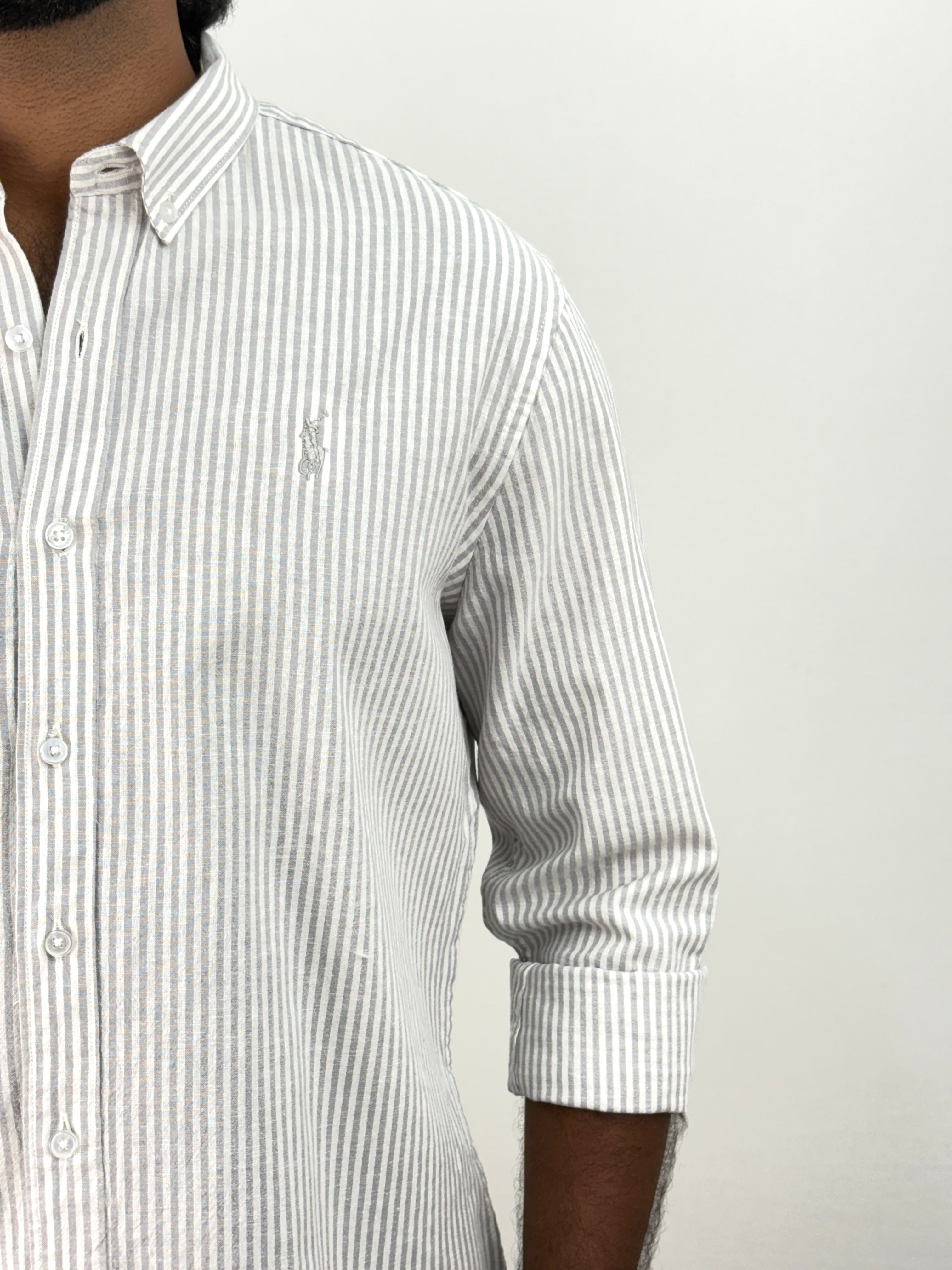 Grey Old Money Linen Stripe Shirt 1
