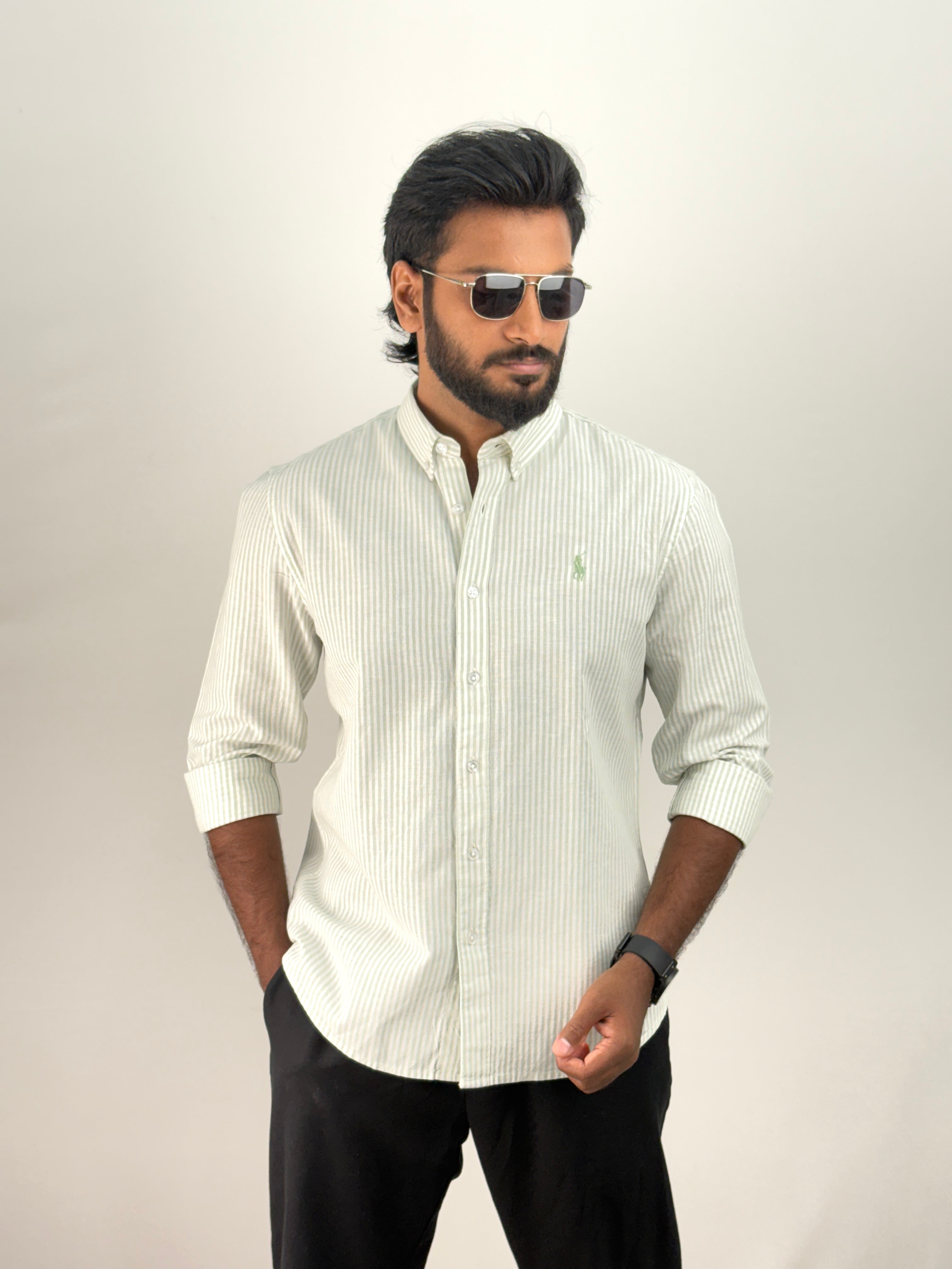 Green Old Money Linen Stripe Shirt 1