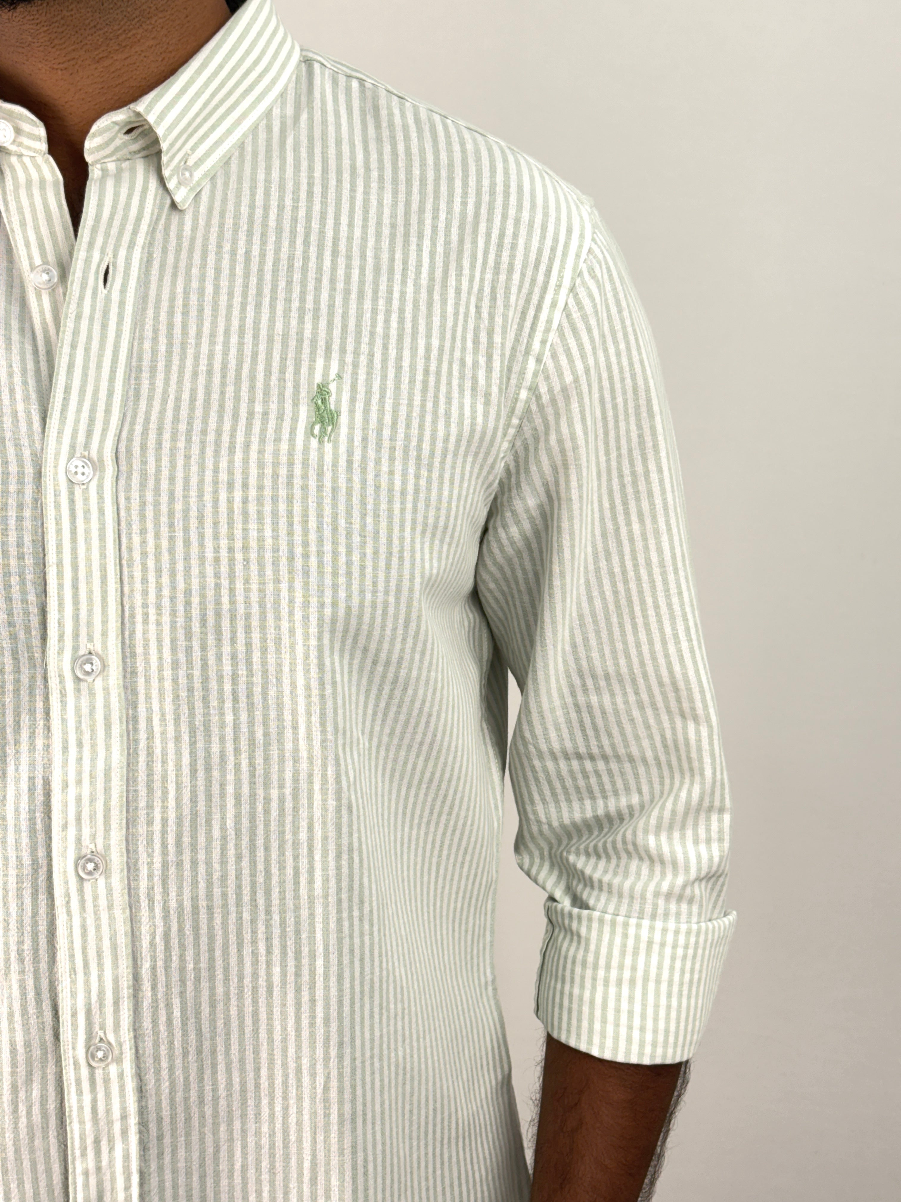 Green Old Money Linen Stripe Shirt 1