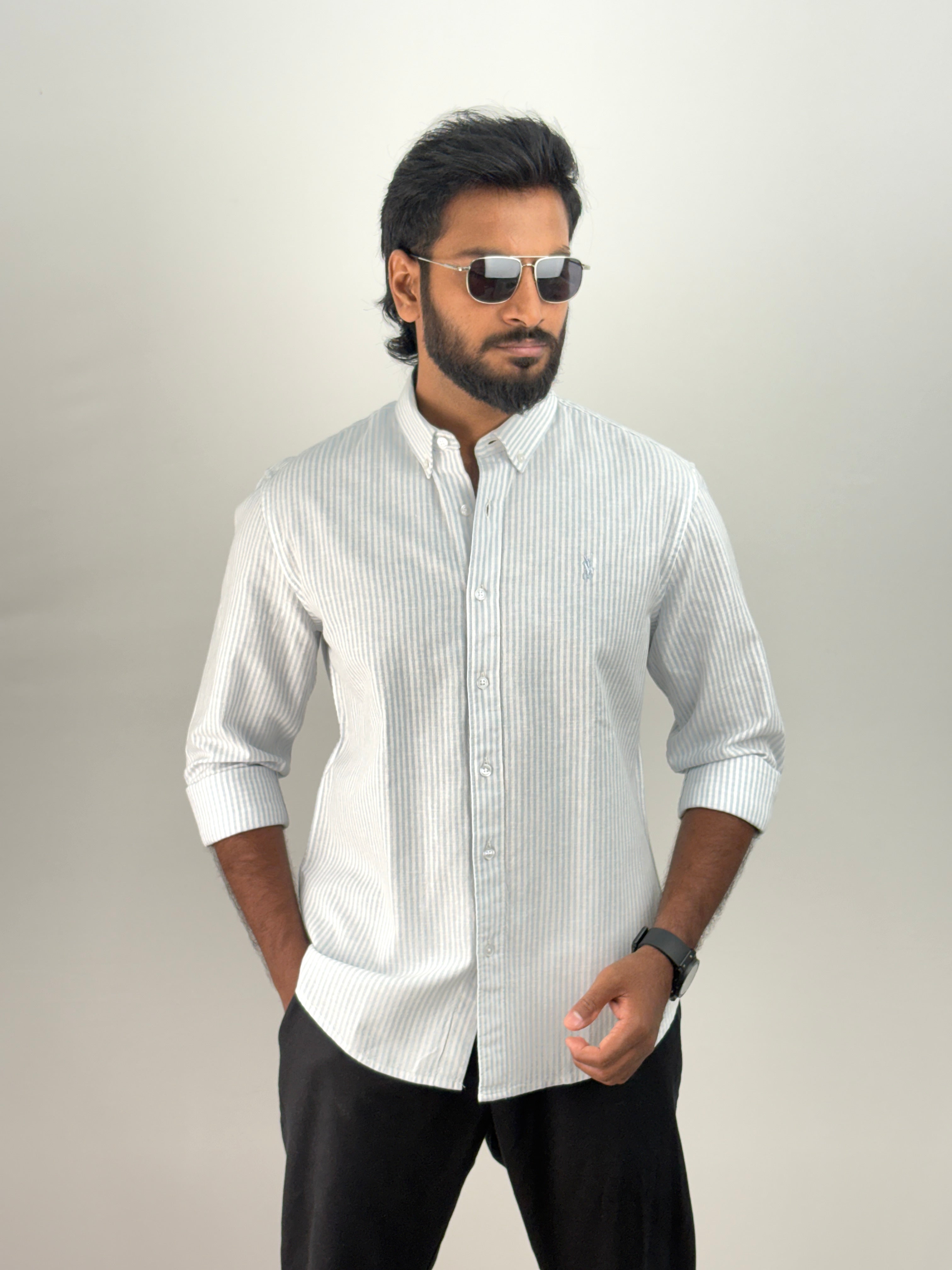 Blue Old Money Linen Stripe Shirt 1