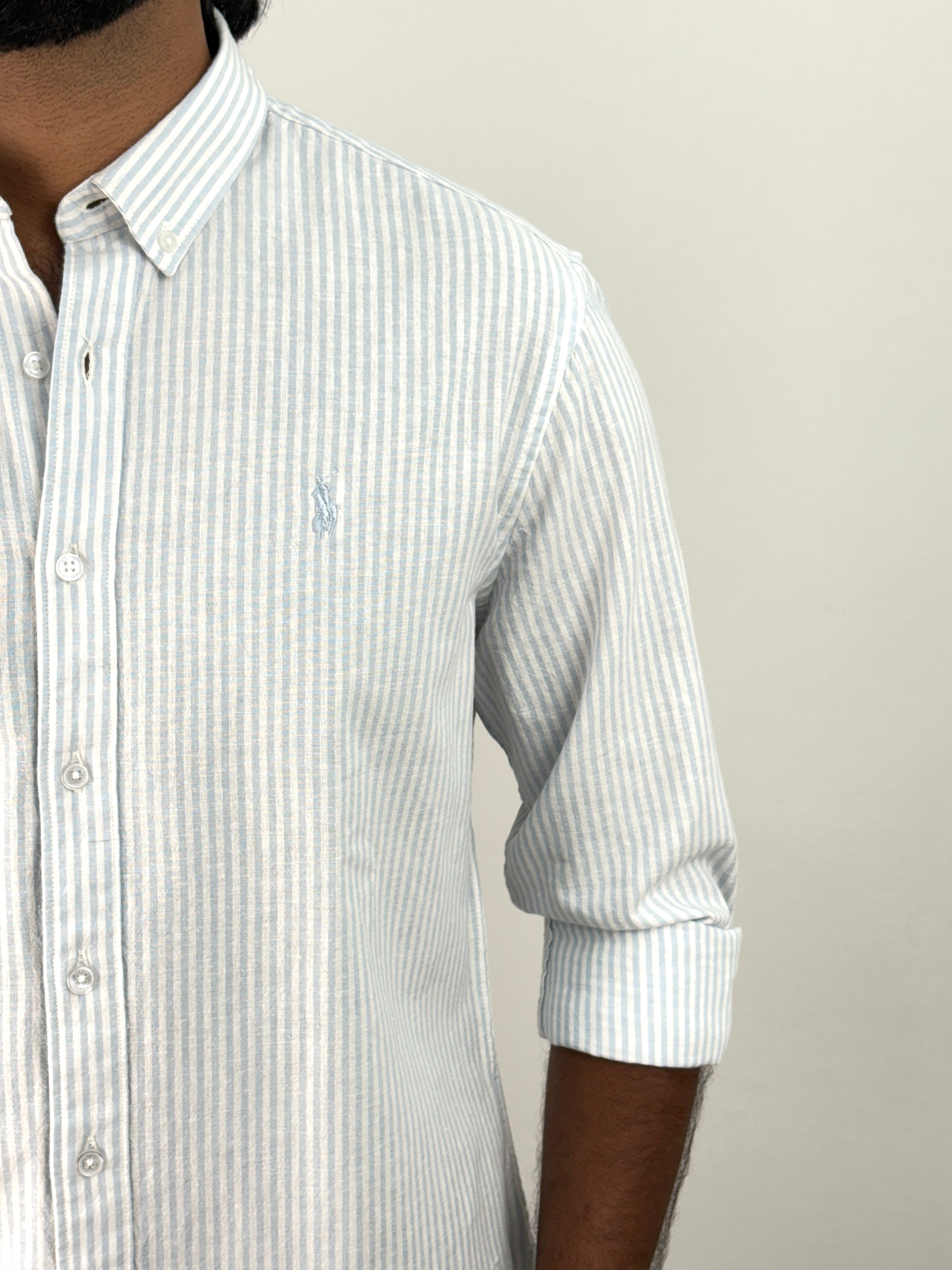 Blue Old Money Linen Stripe Shirt 1