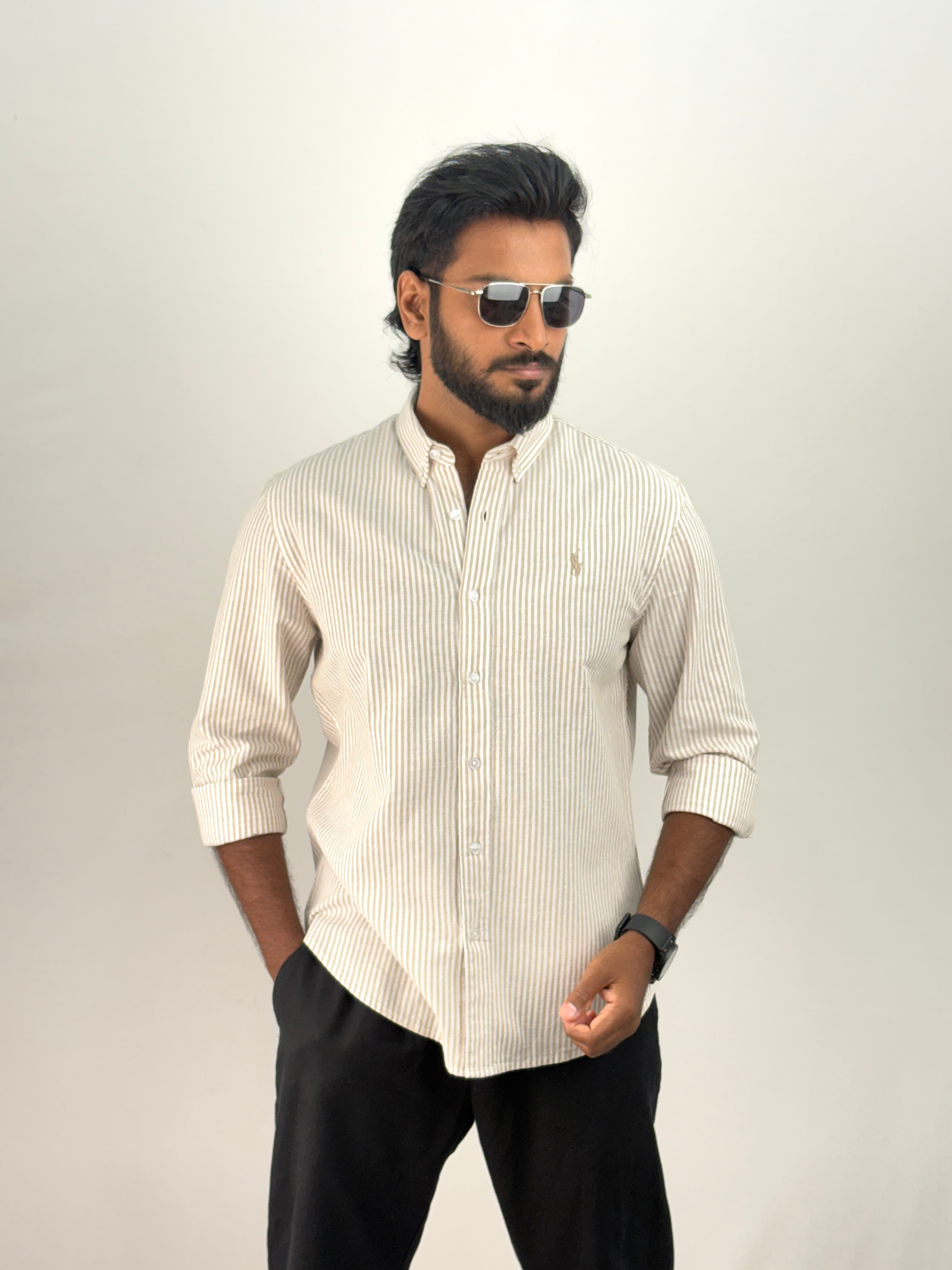 Beige Old Money Linen Stripe Shirt 1