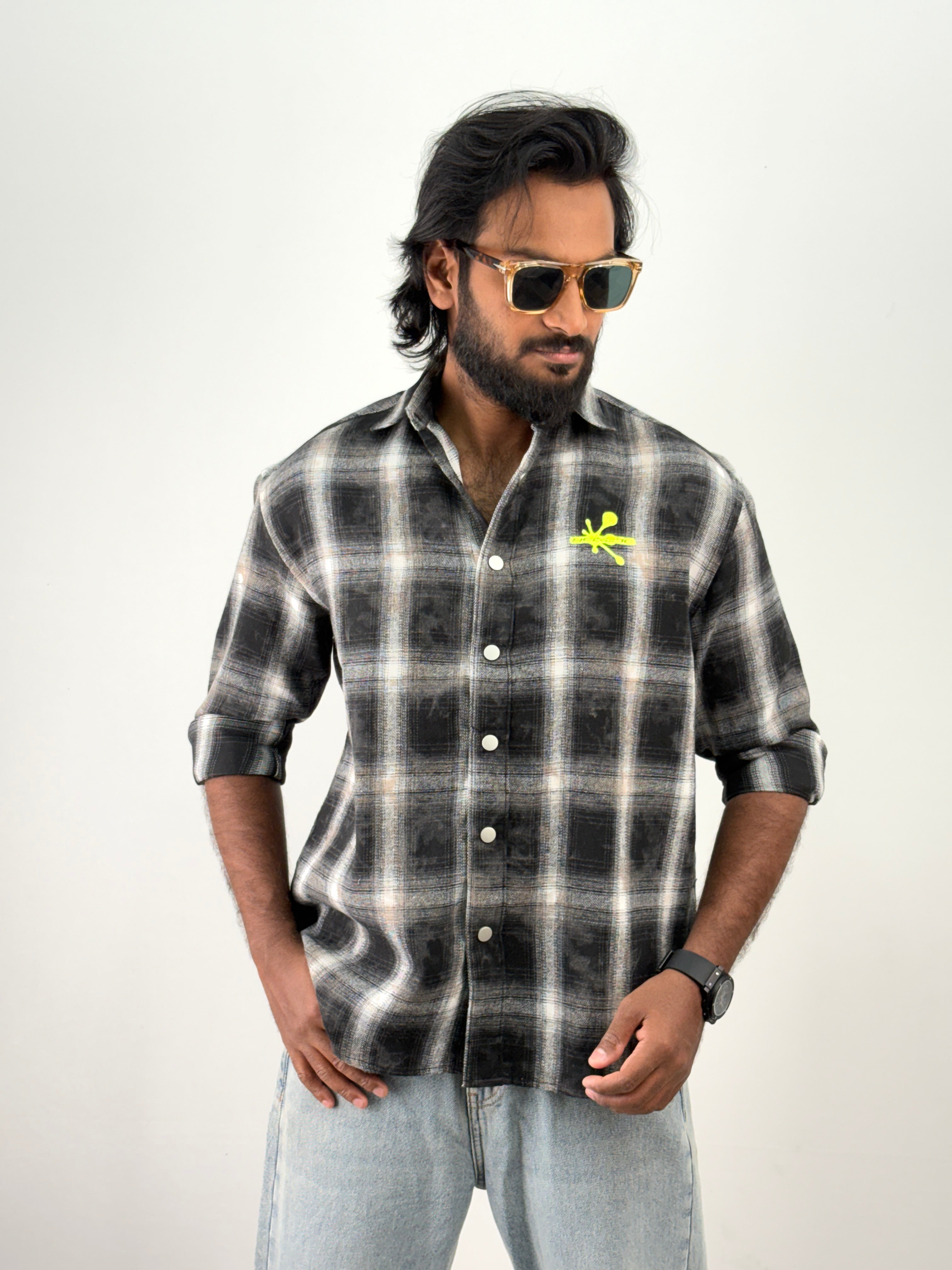 Black Acid Wash Flannel Shirt