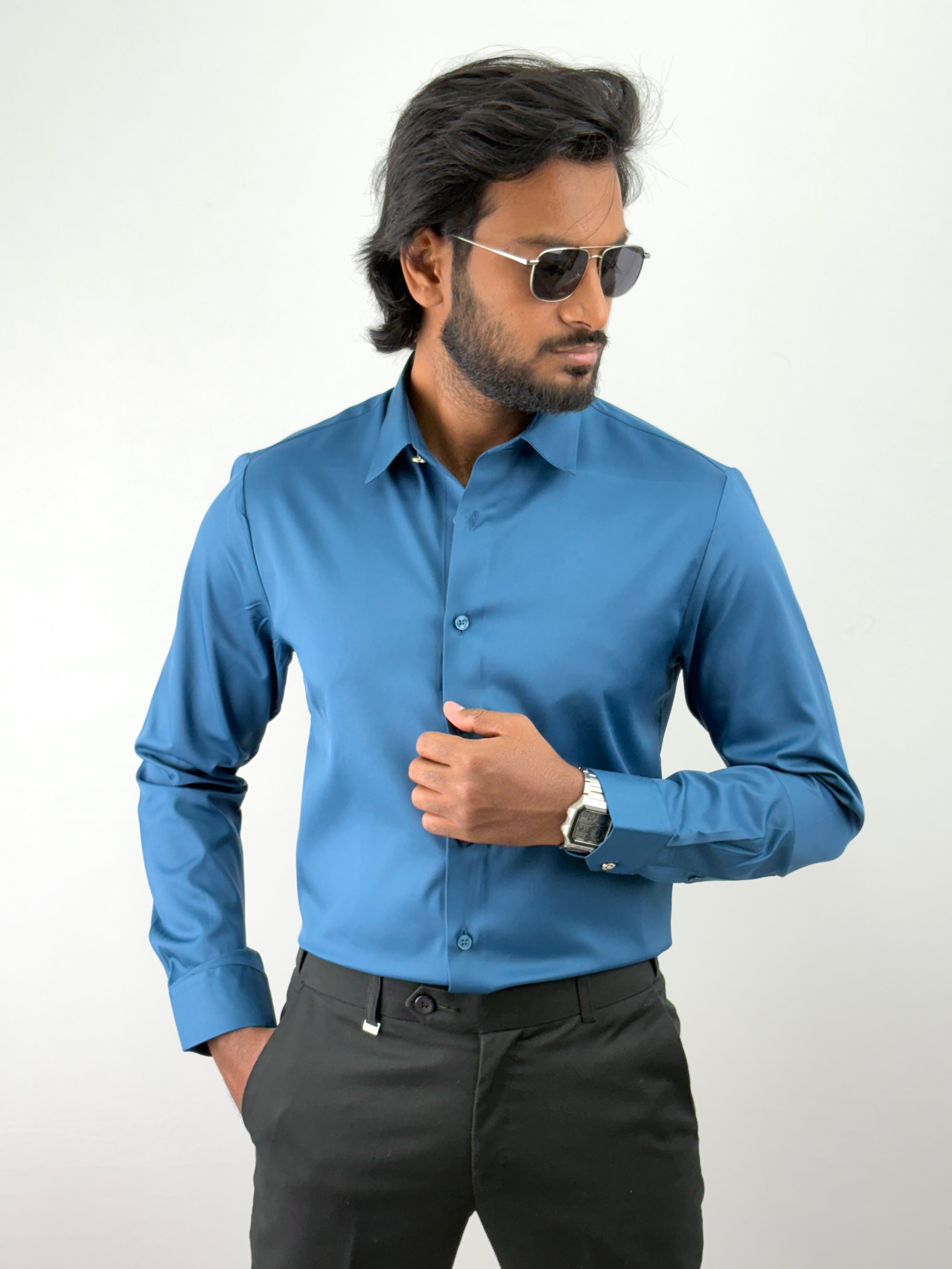 Peacock Blue Sateen Shirt