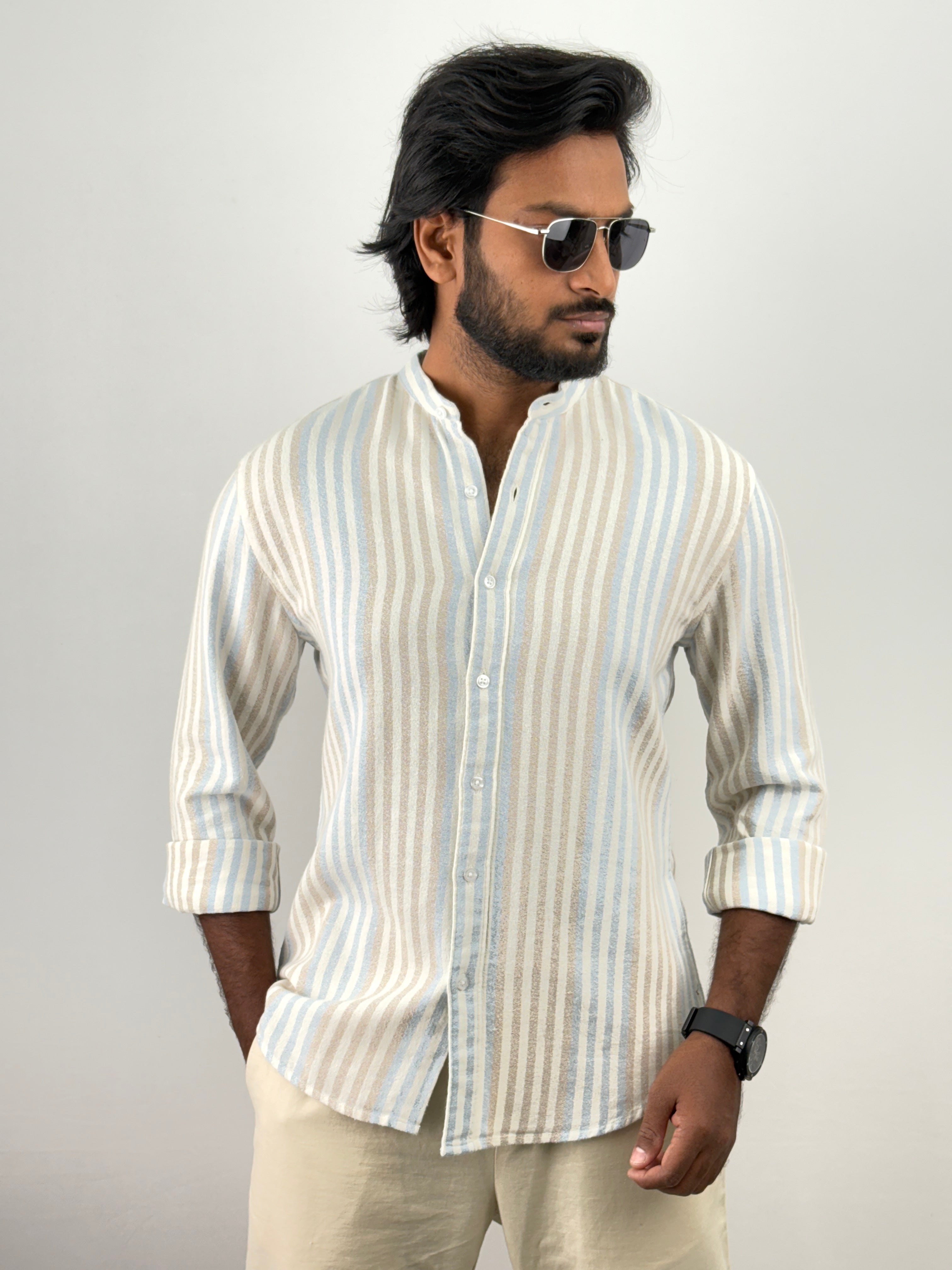 Blue Mandarin Collar Stripe Shirt
