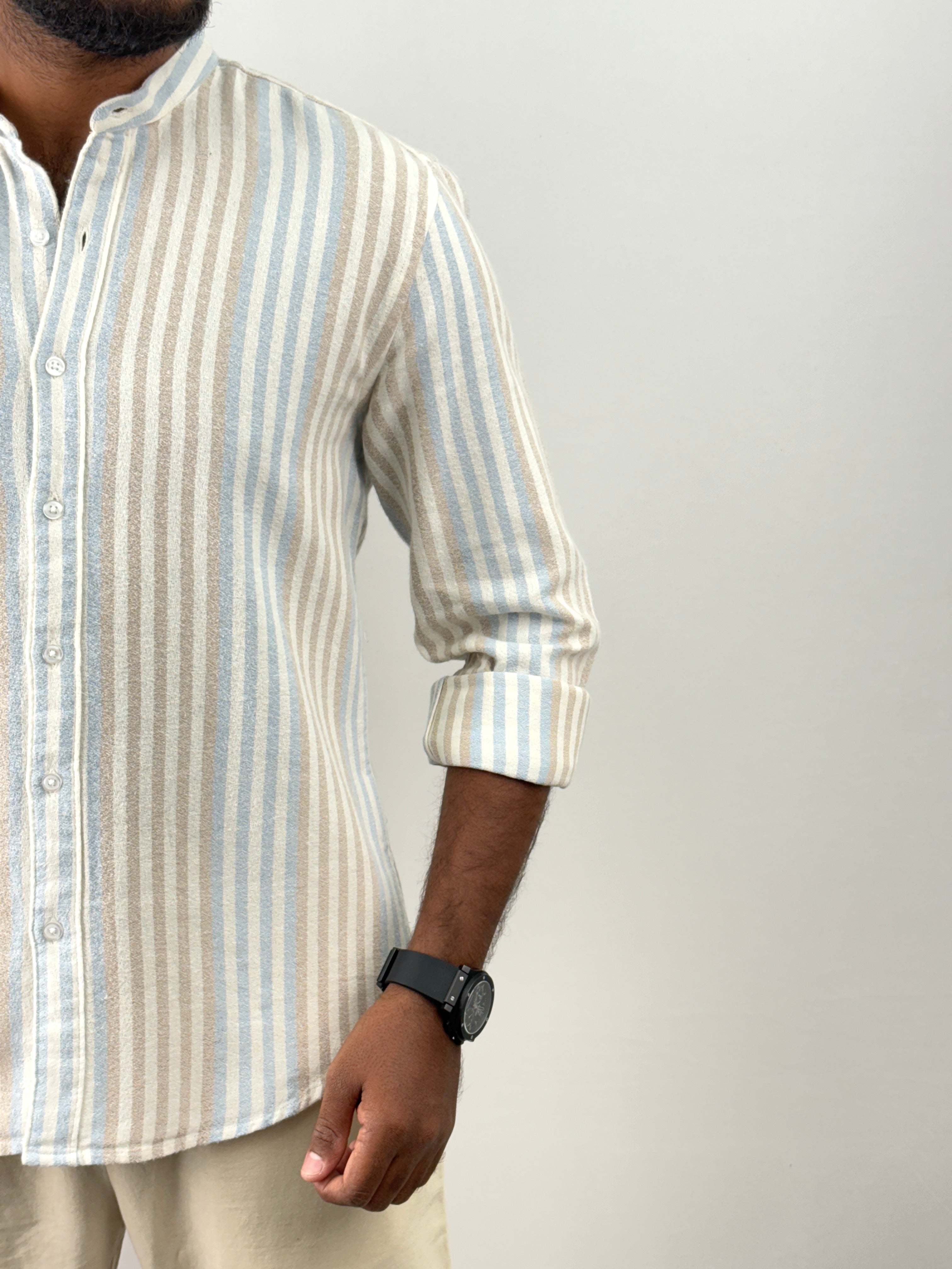 Blue Mandarin Collar Stripe Shirt