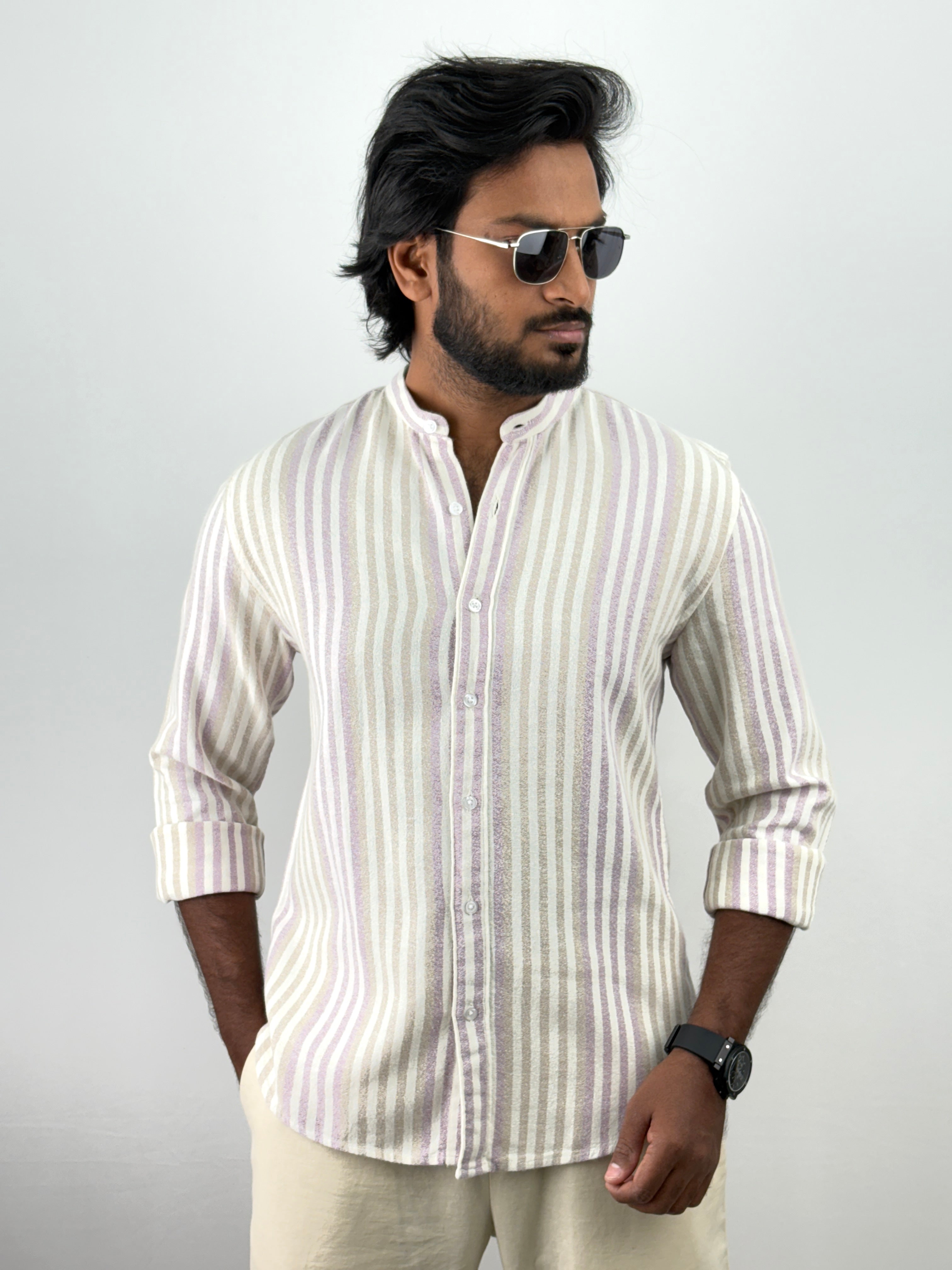 Purple Mandarin Collar Stripe Shirt