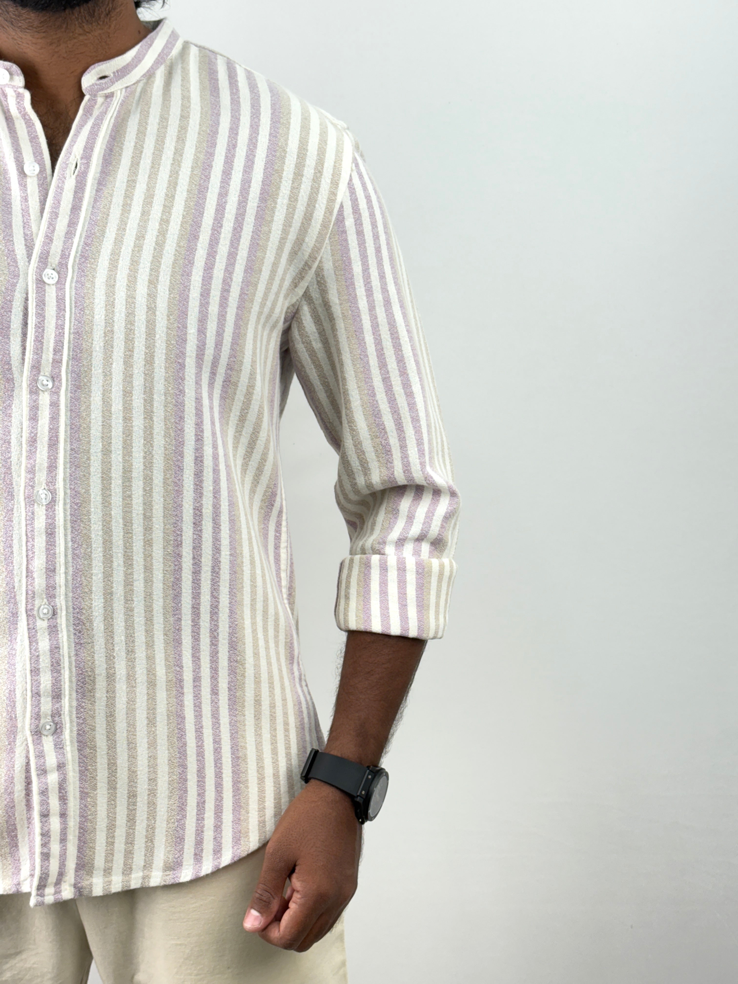 Purple Mandarin Collar Stripe Shirt