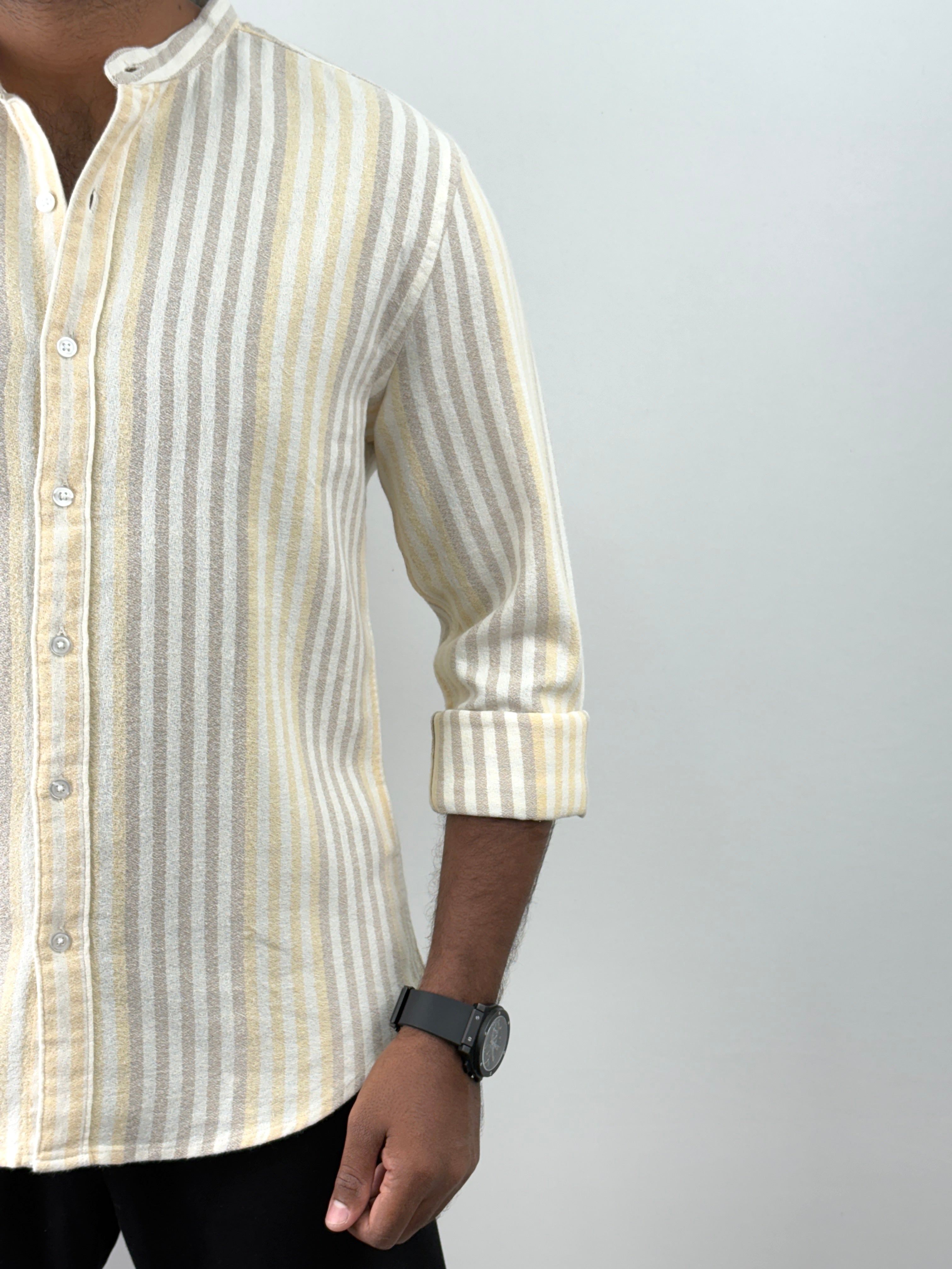 Yellow Mandarin Collar Stripe Shirt