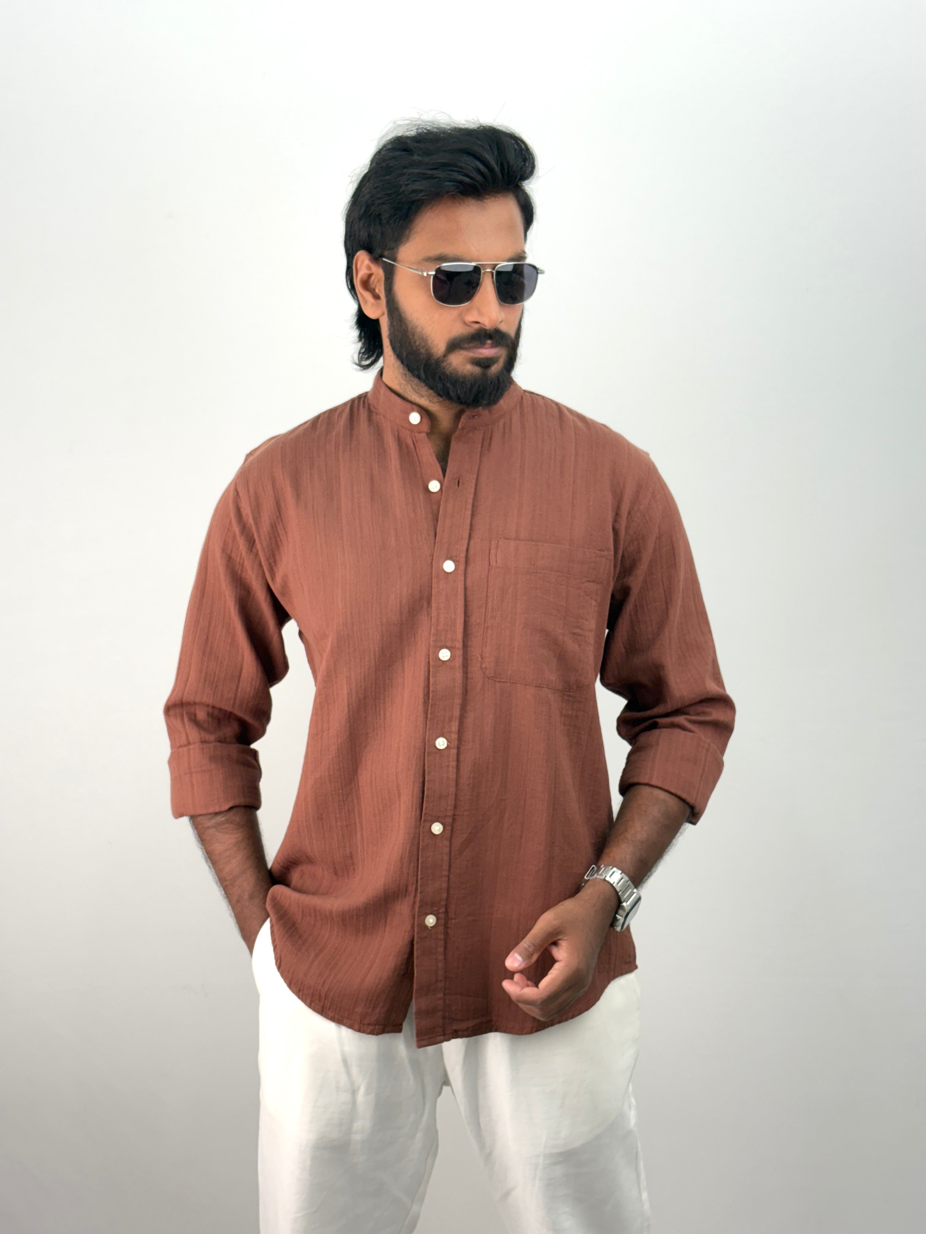 Brown Mandarin Collar Shirt