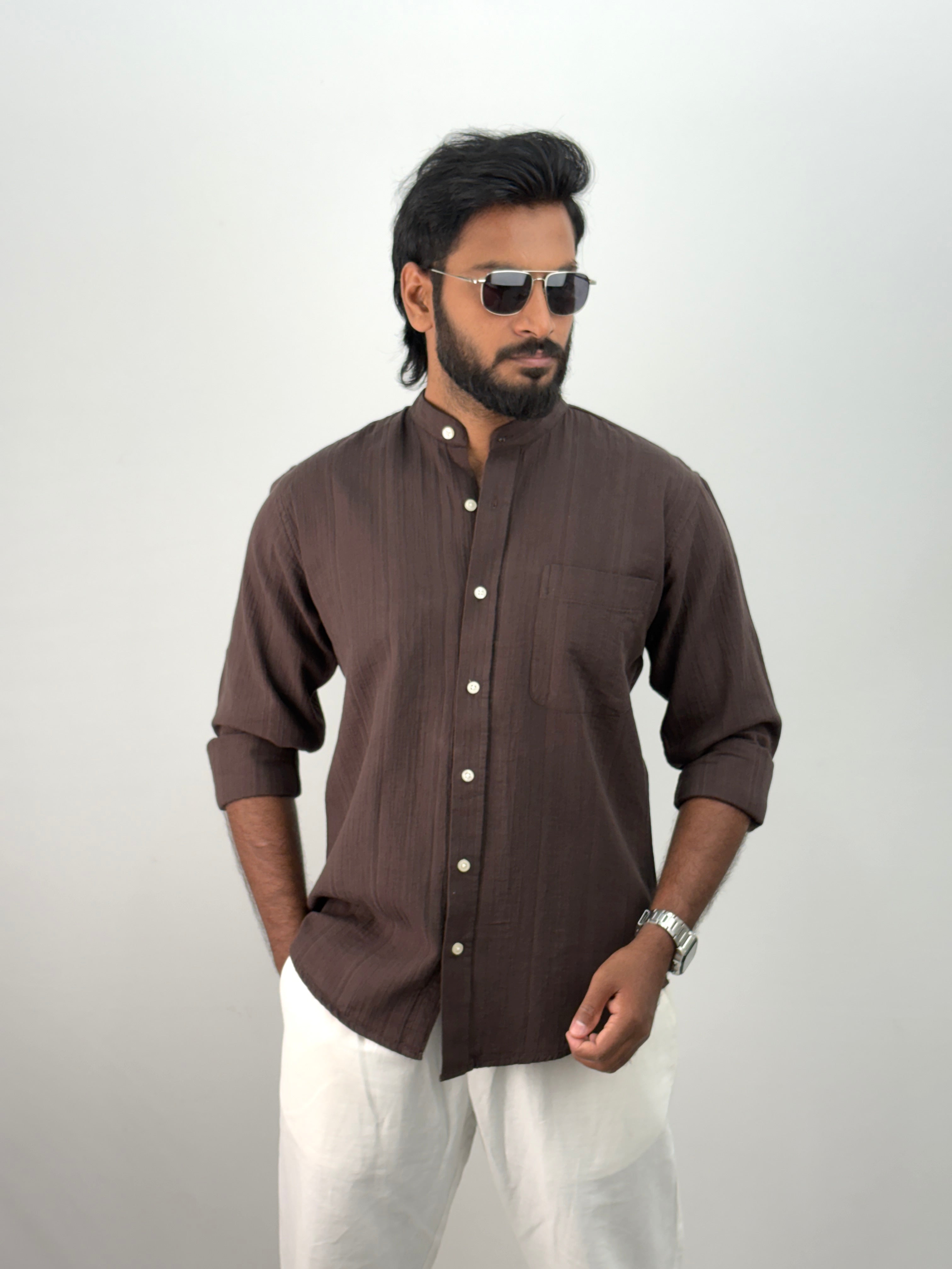 Coffee Brown Mandarin Collar Shirt