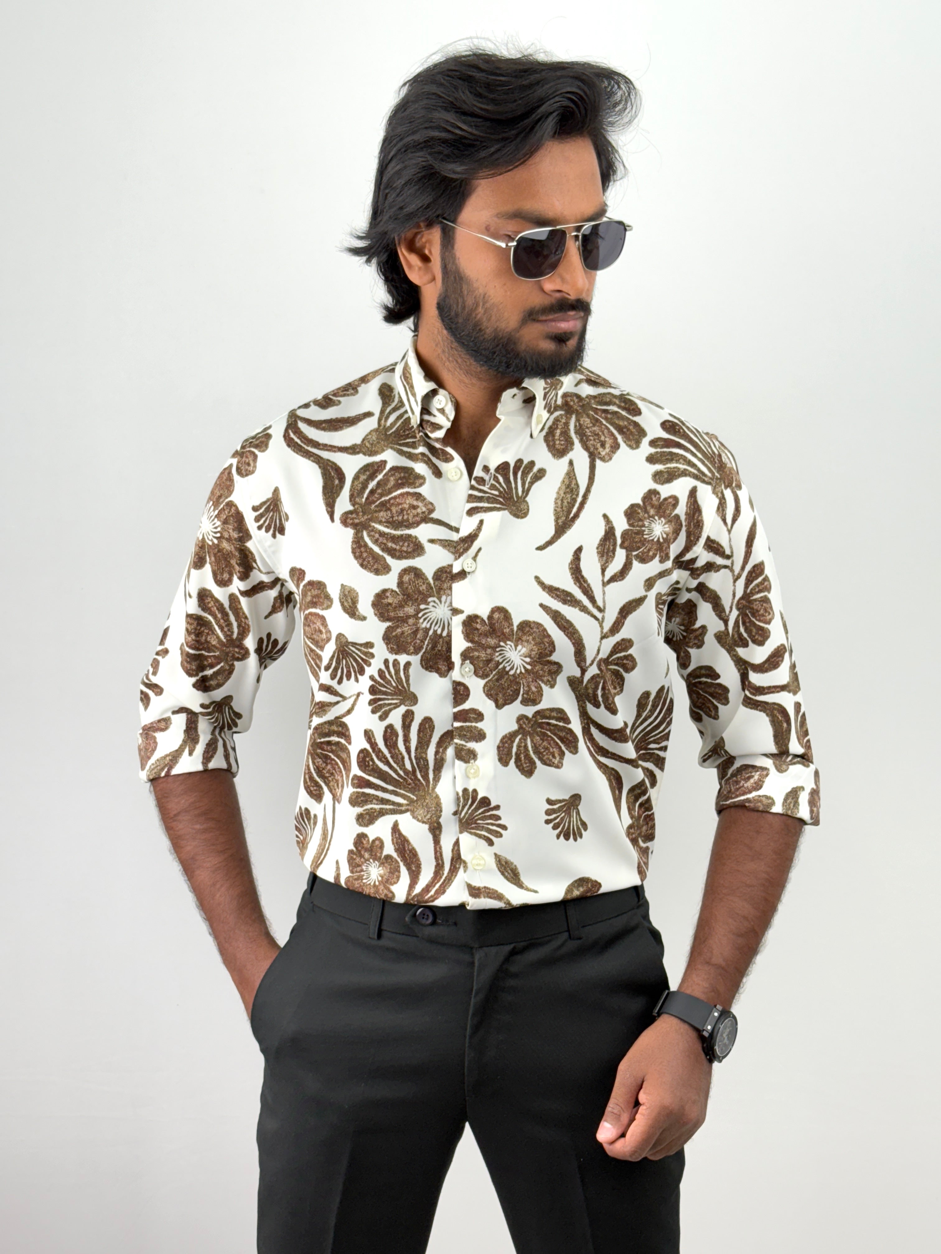 White Brown Retro Printed Shirt