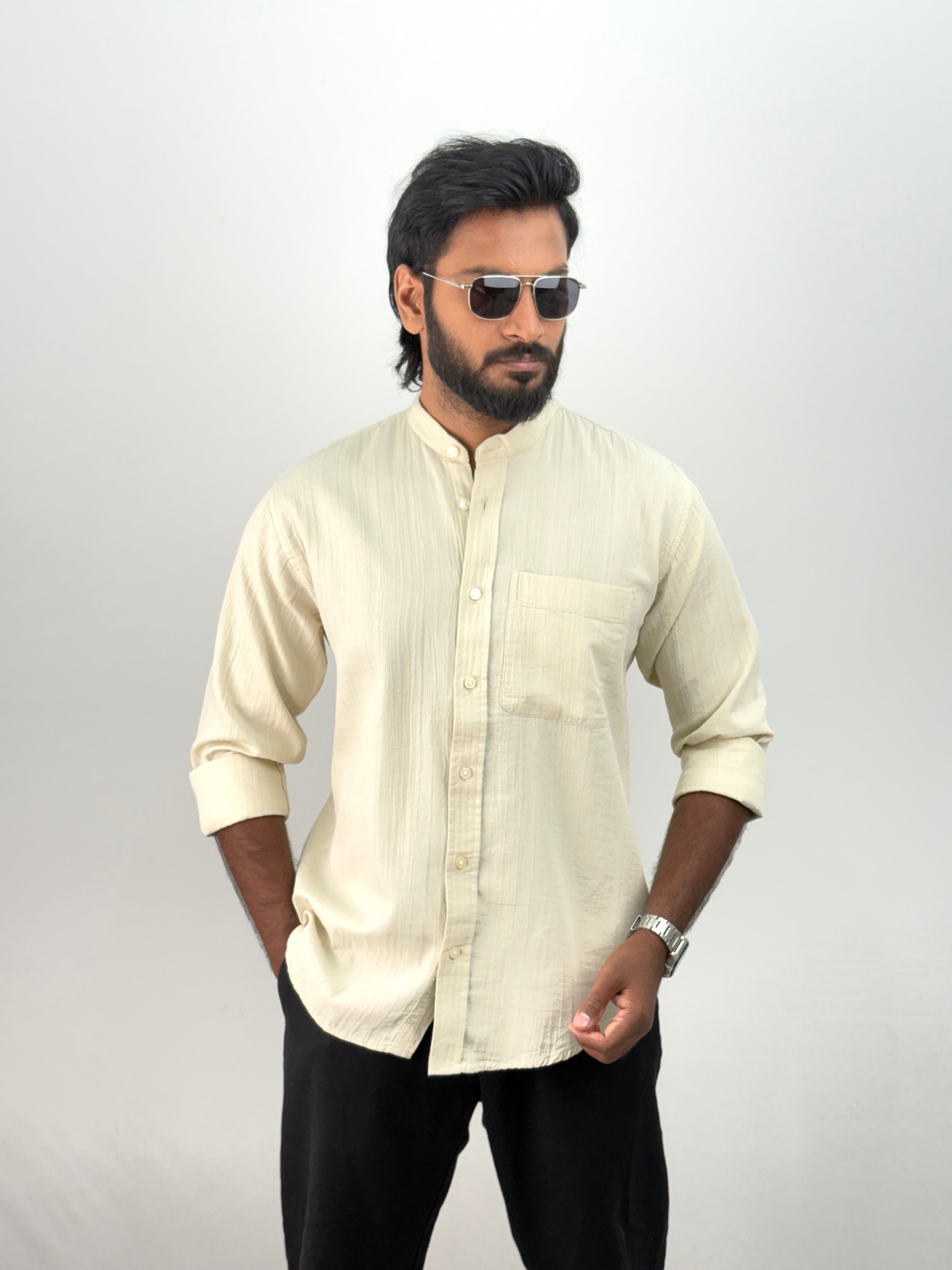 Beige Mandarin Collar Shirt