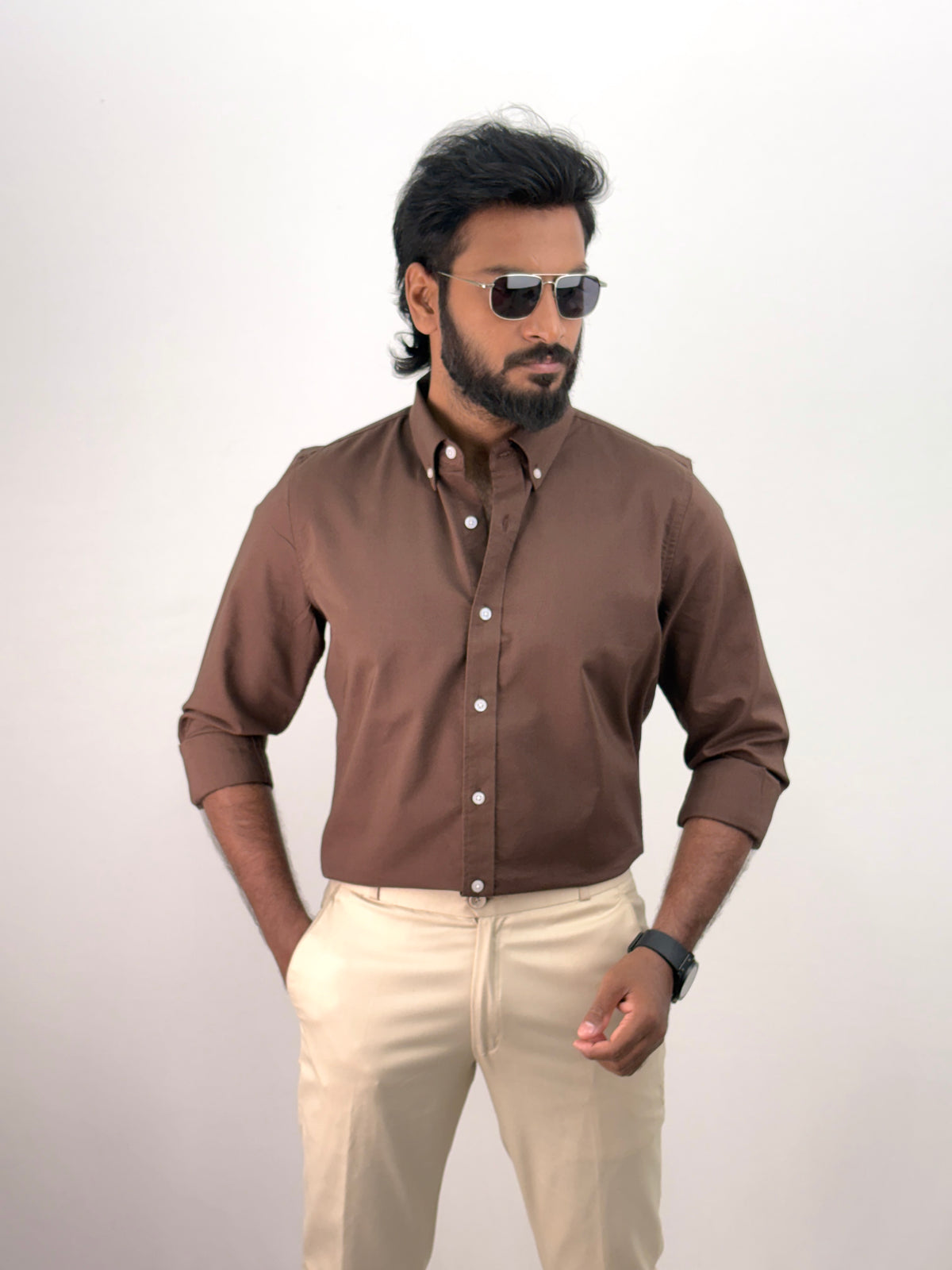 Dark Brown Plain Oxford Shirt