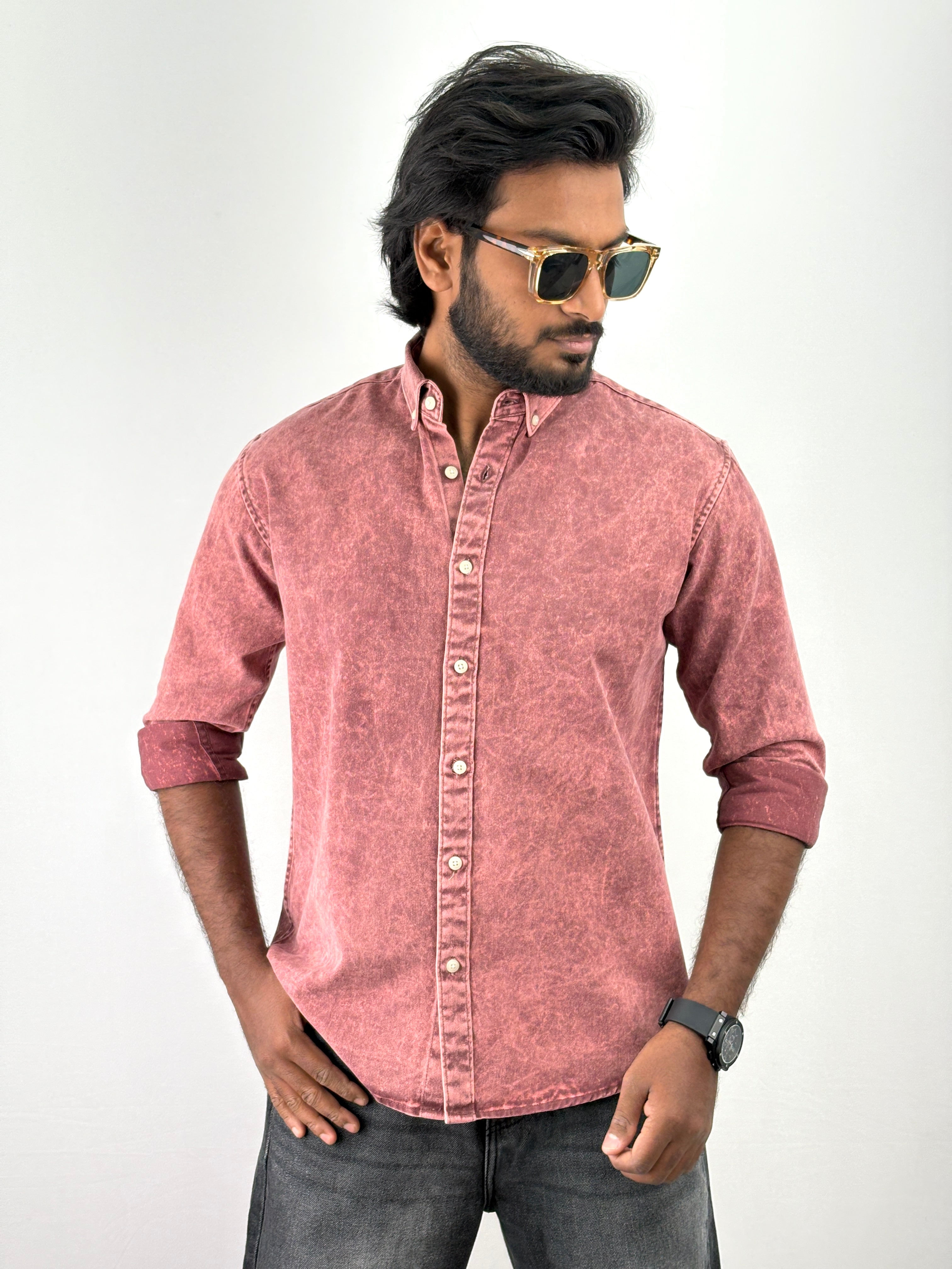 Red Acid Wash Denim Shirts