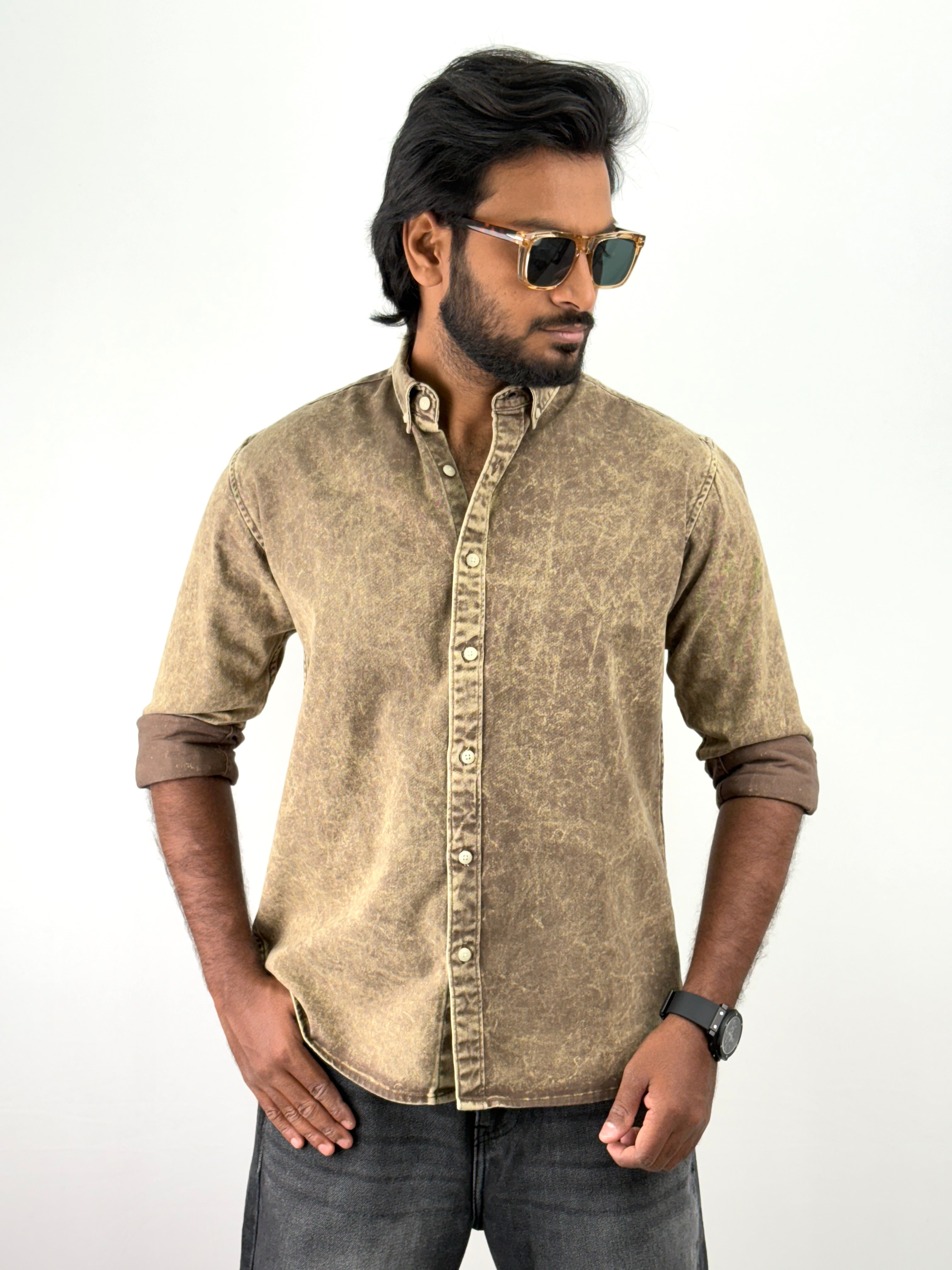 Brown Acid Wash Denim Shirts