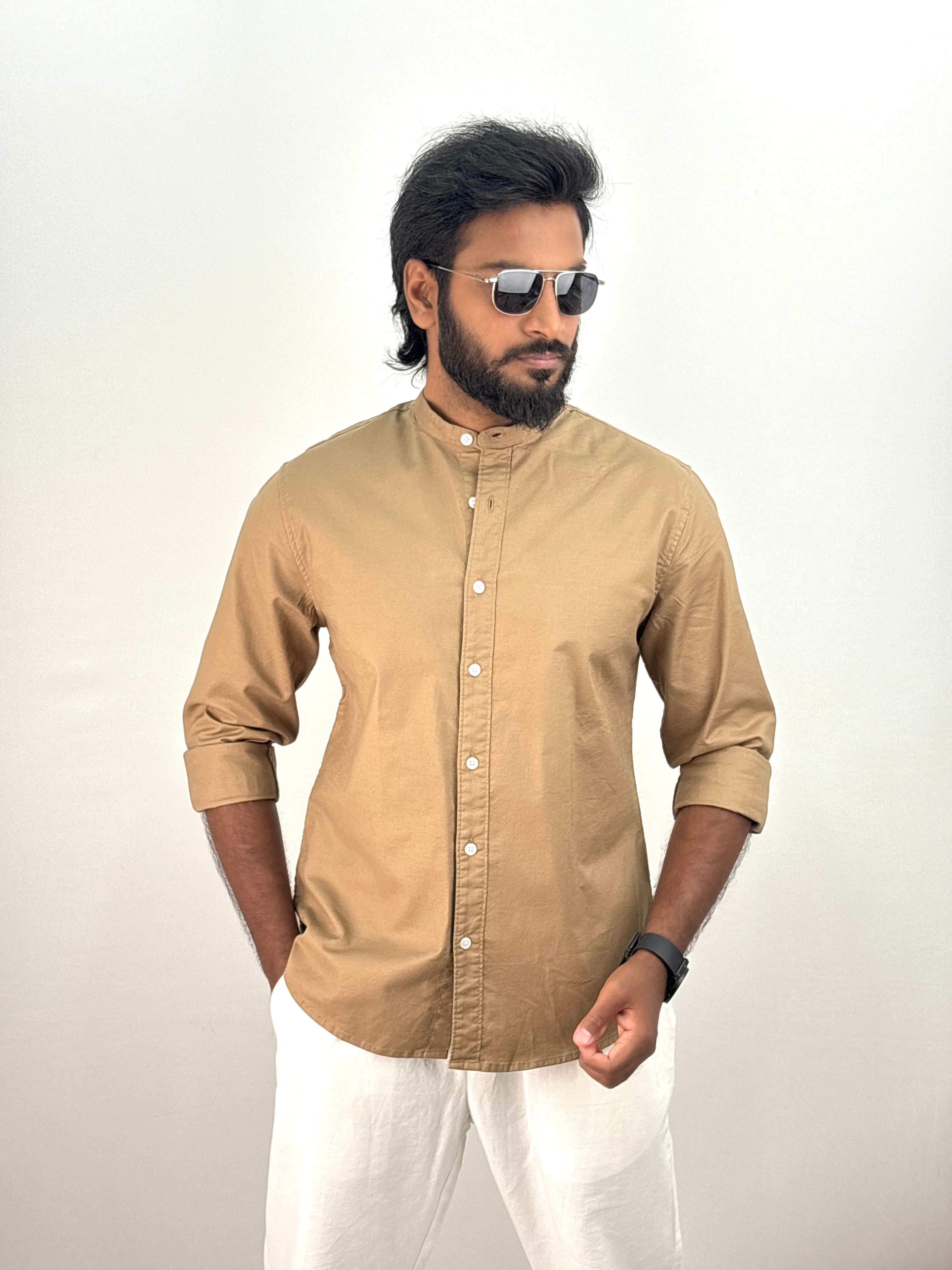 Khaki Mandarin Collar Shirt