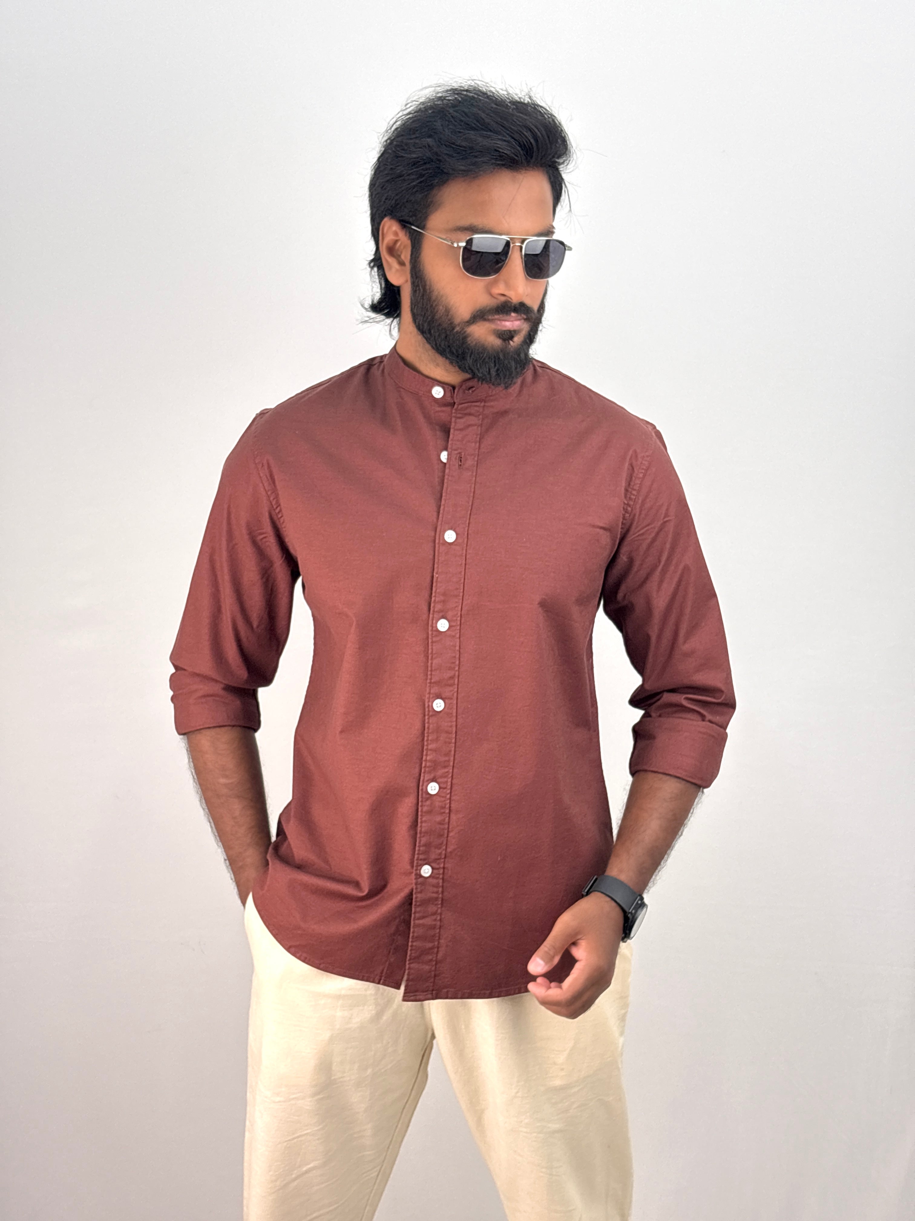 Brick Red Mandarin Collar Shirt