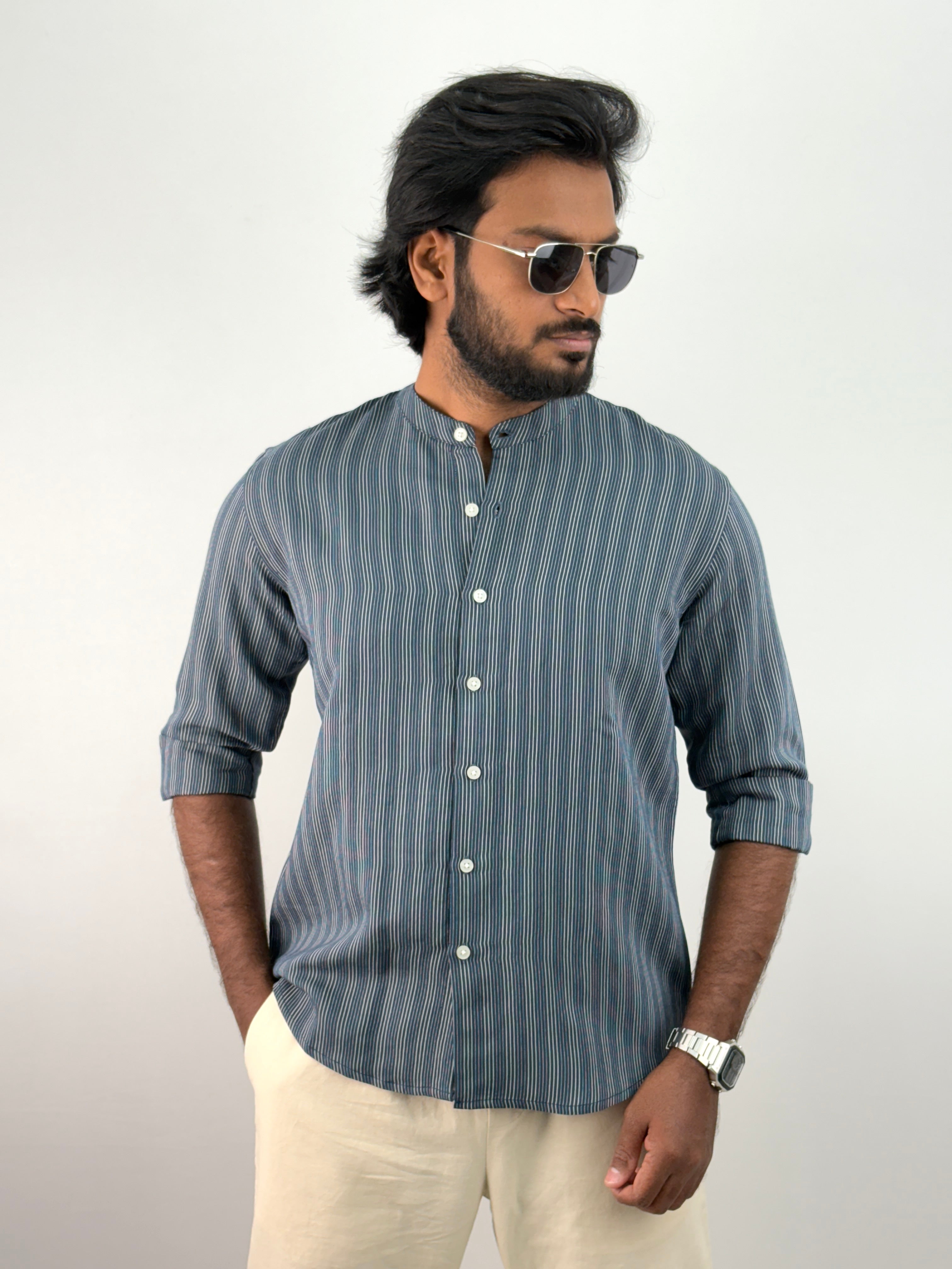 Blue Mandarin Collar Stripe Shirt