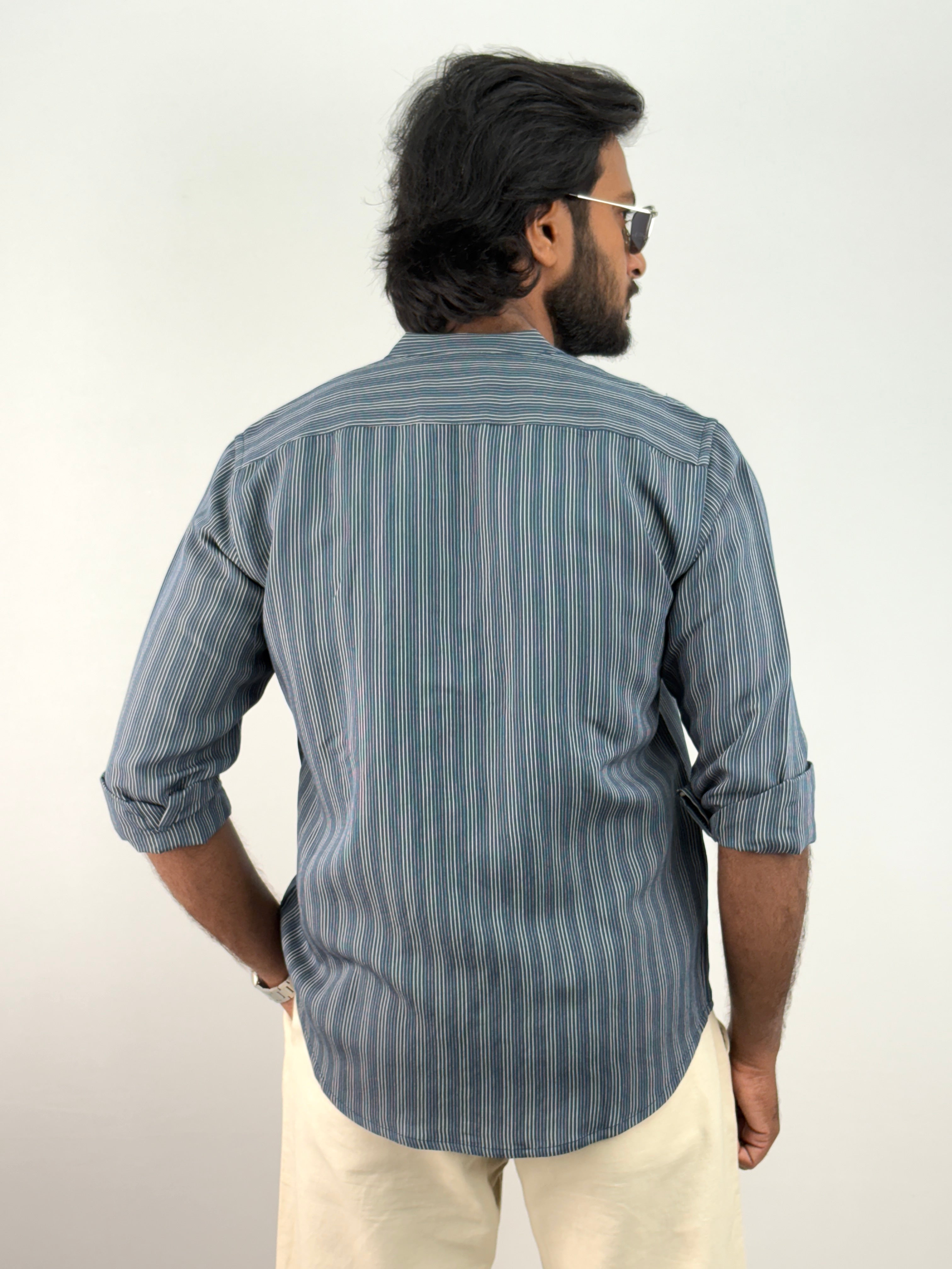 Blue Mandarin Collar Stripe Shirt