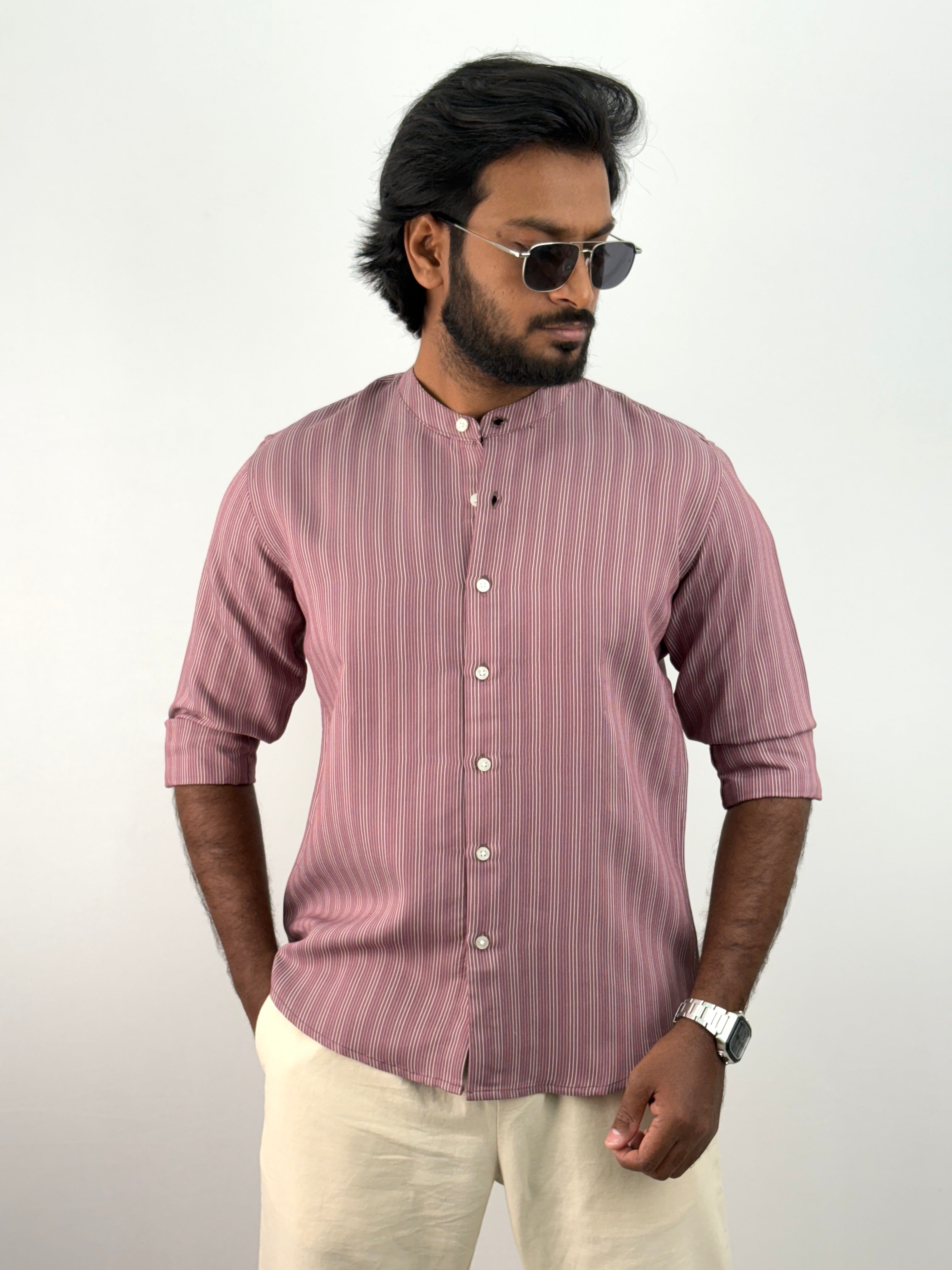 Cherry Mandarin Collar Stripe Shirt