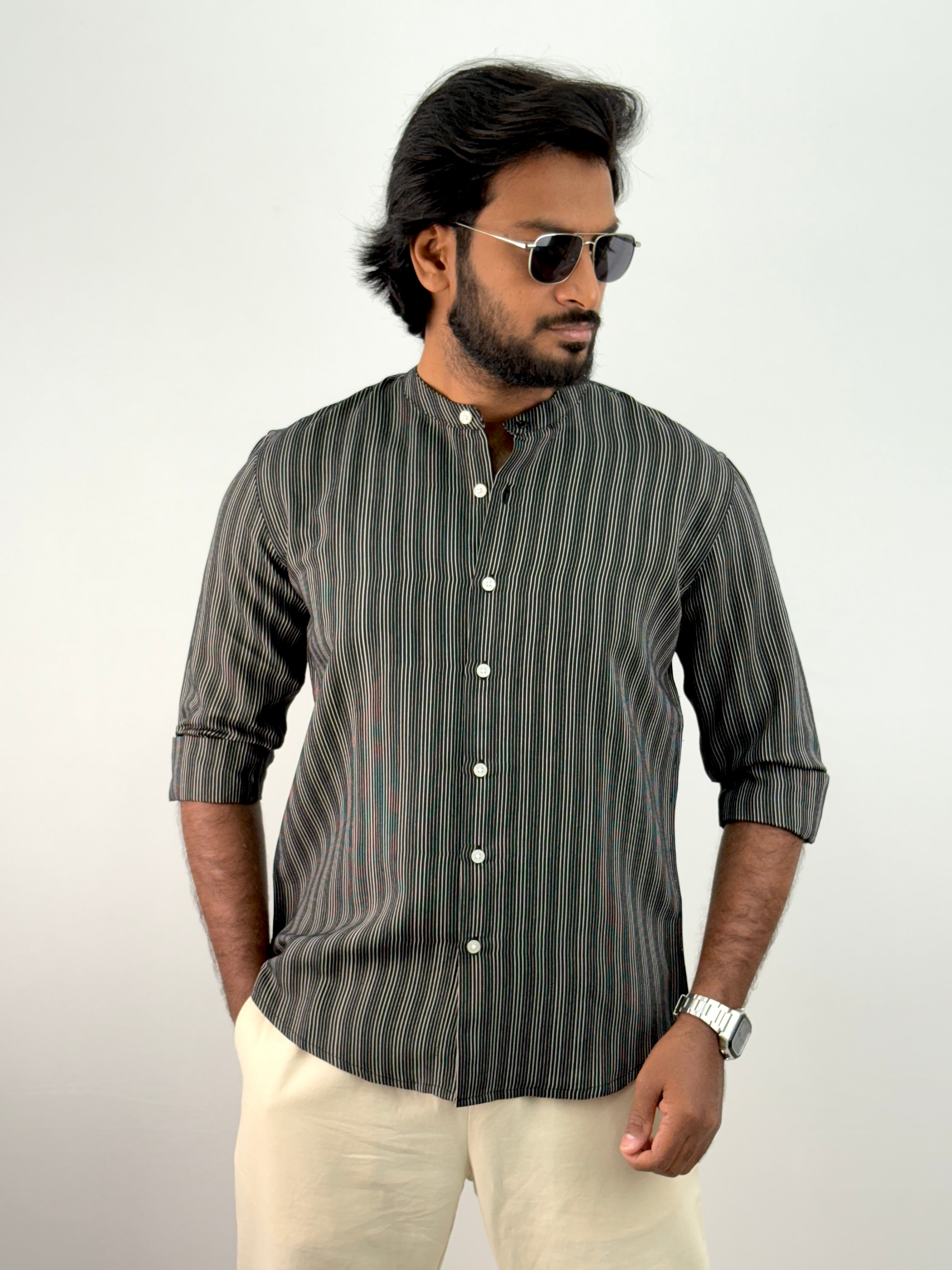 Black Mandarin Collar Stripe Shirt