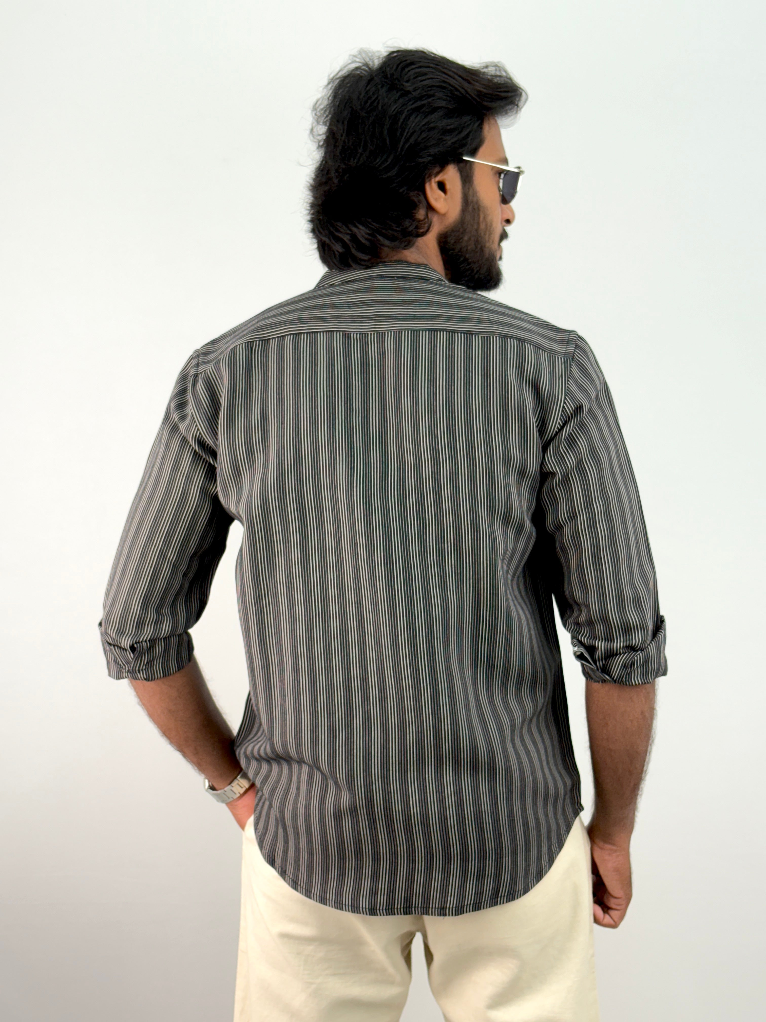 Black Mandarin Collar Stripe Shirt