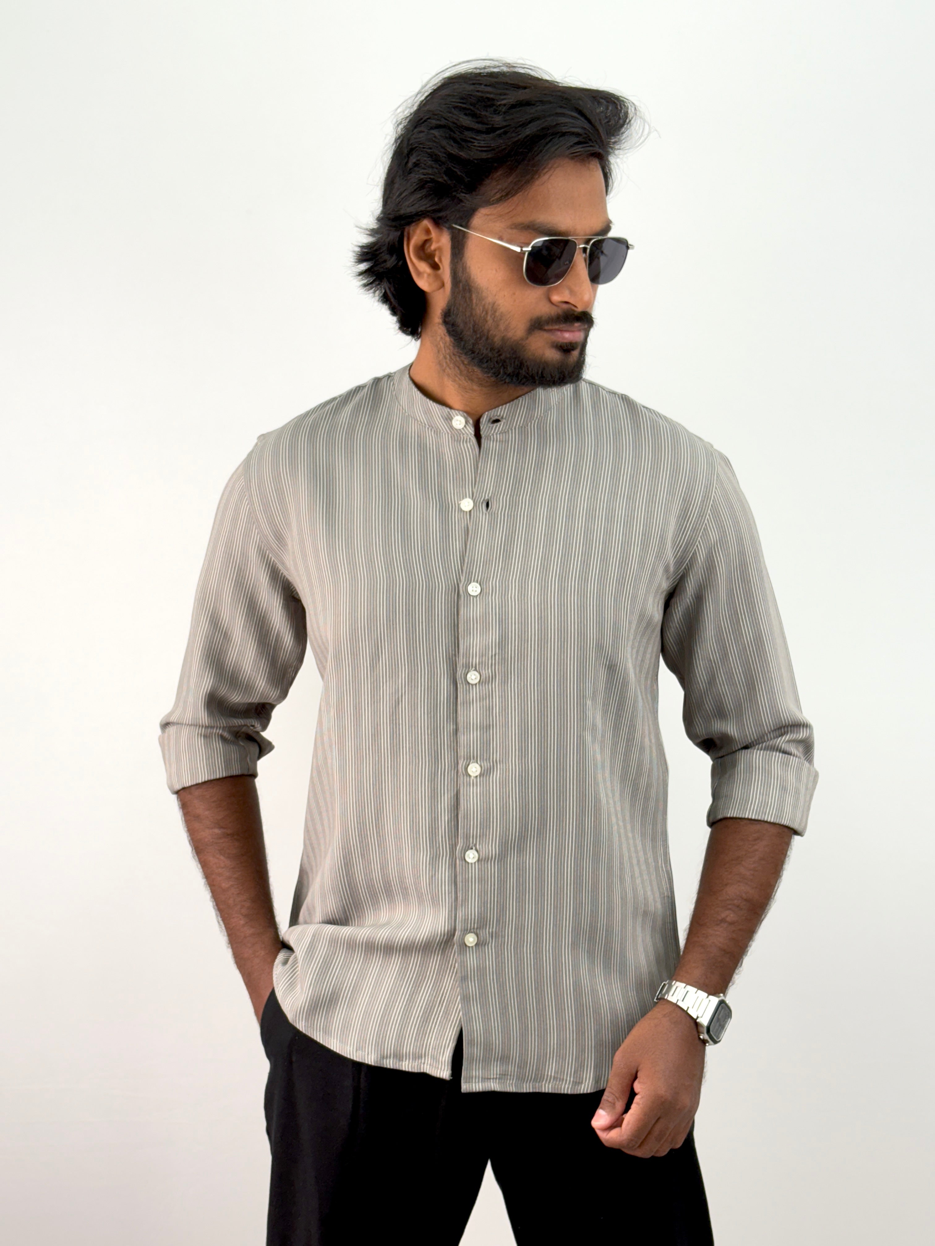 Ash Mandarin Collar Stripe Shirt