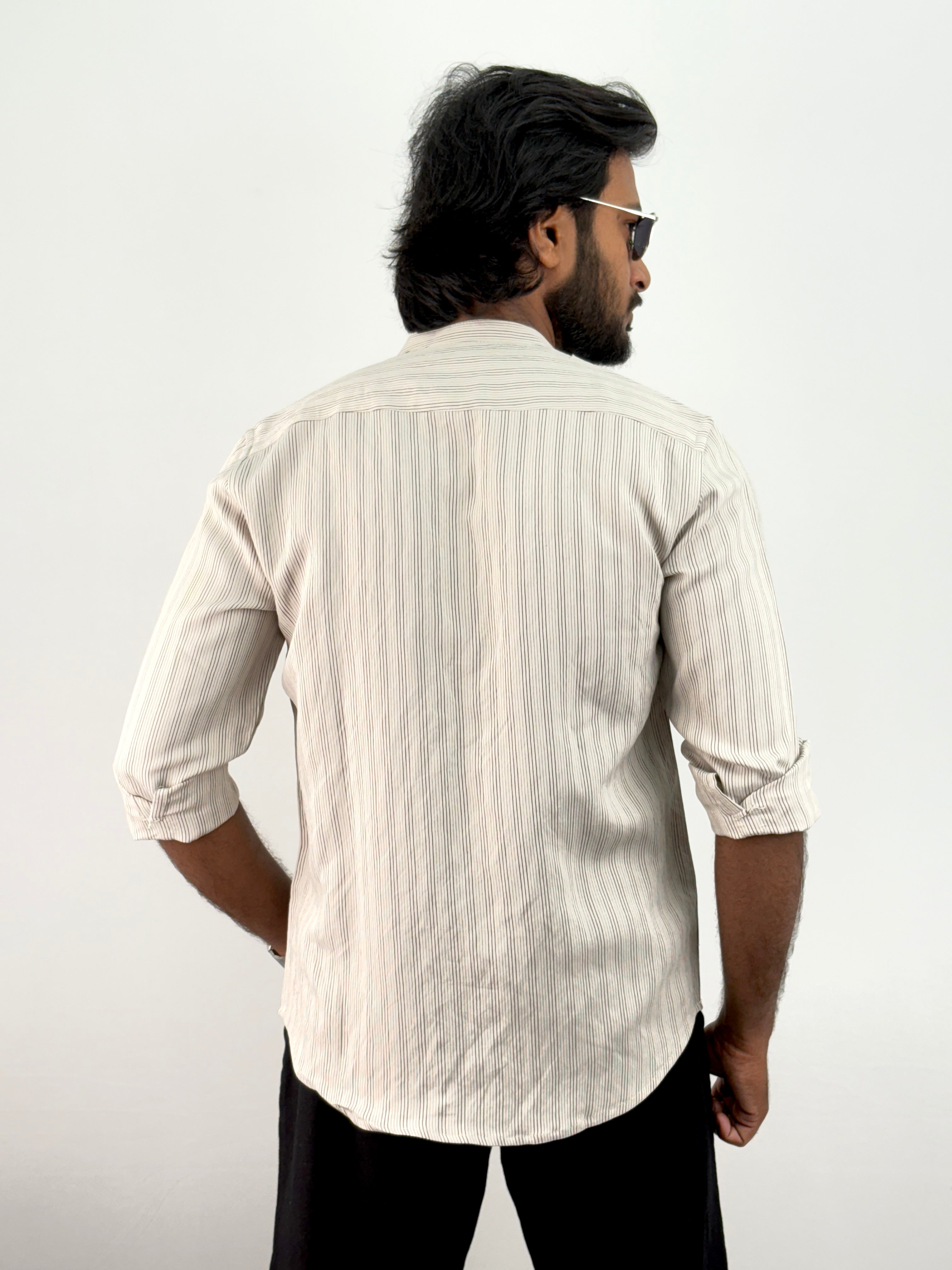 Beige Mandarin Collar Stripe Shirt
