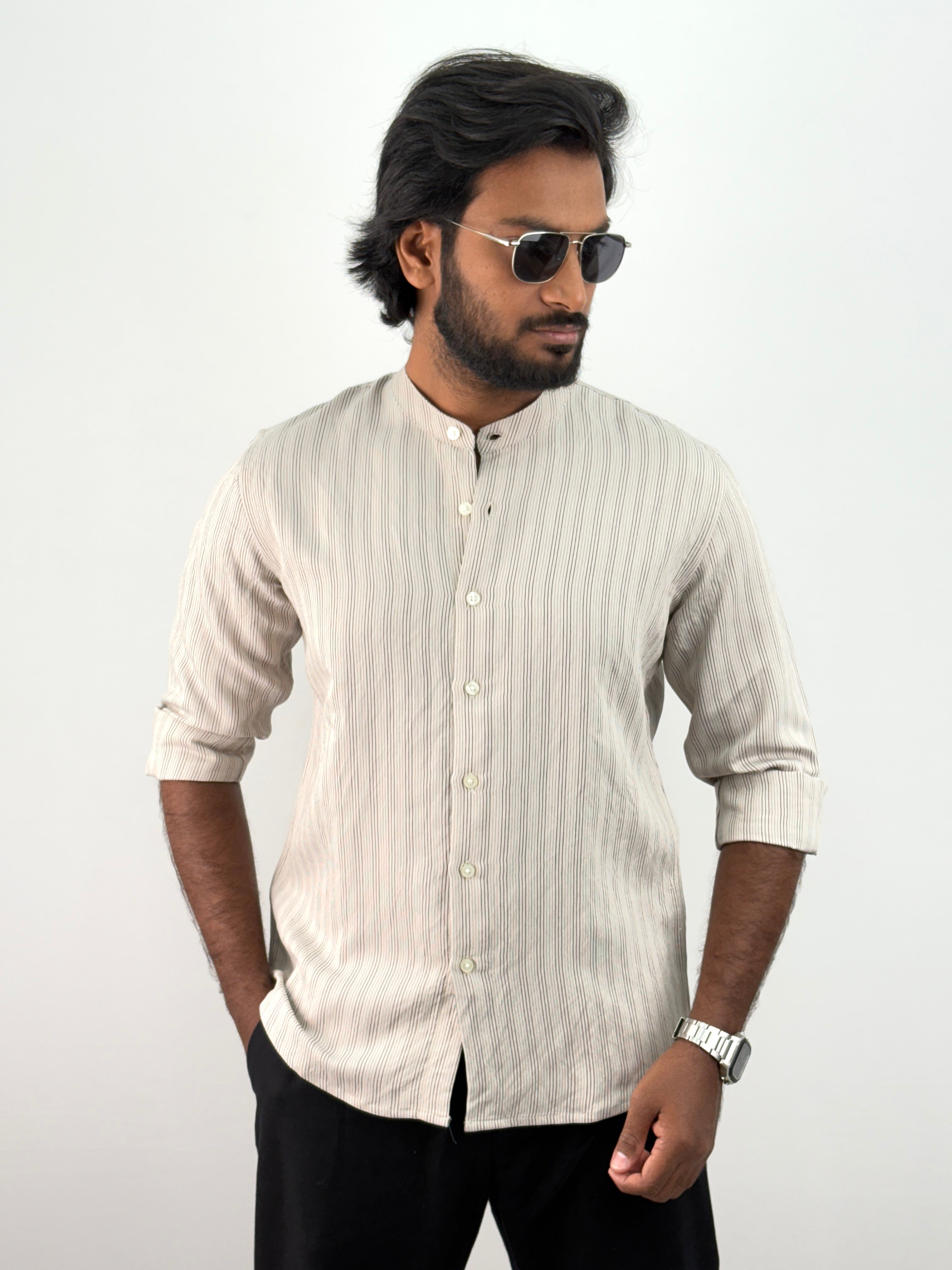 Beige Mandarin Collar Stripe Shirt