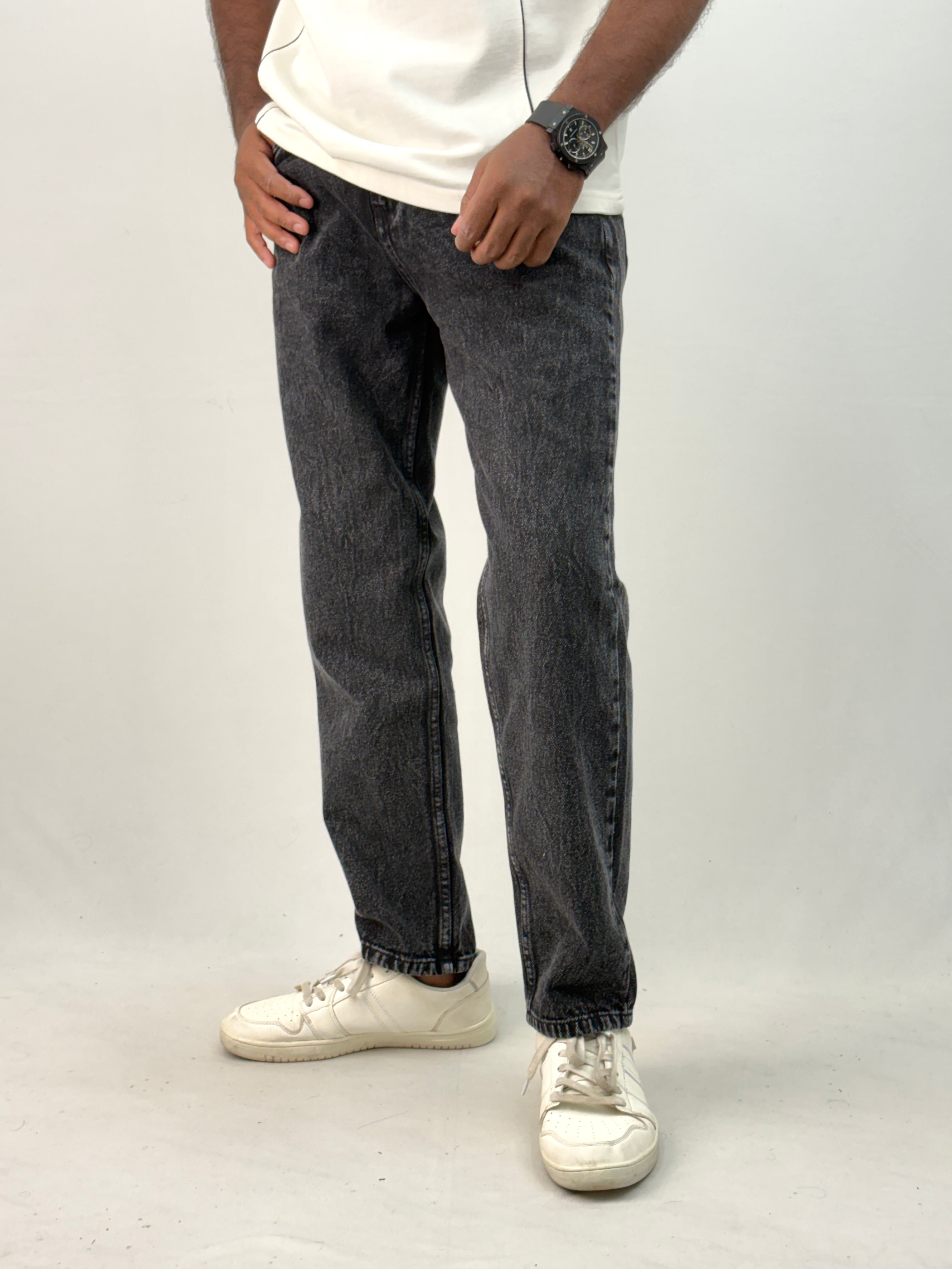 Black Acid Wash Semi Baggy Jean