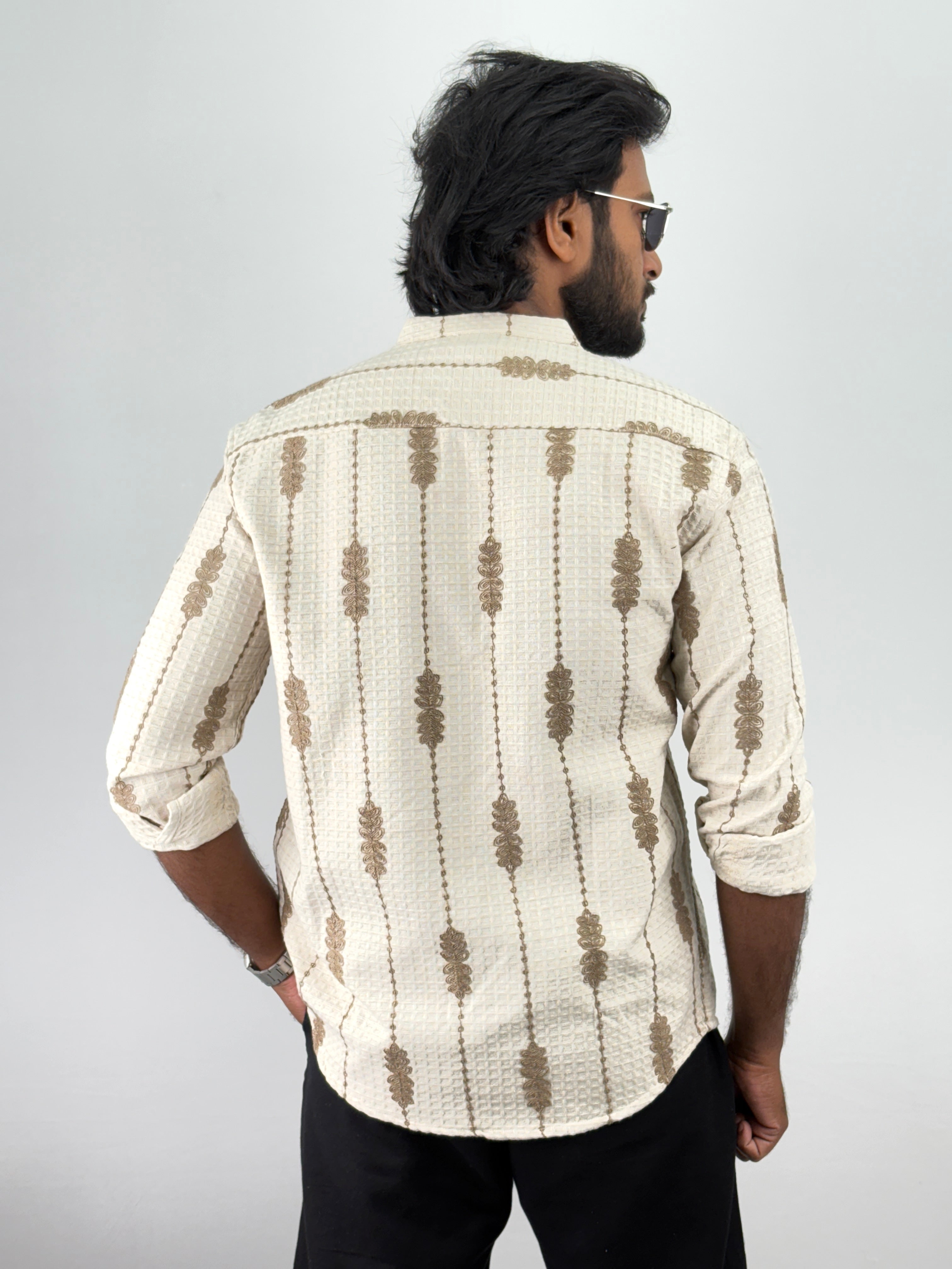 Cream Mandarin Collar Embroidery Shirt