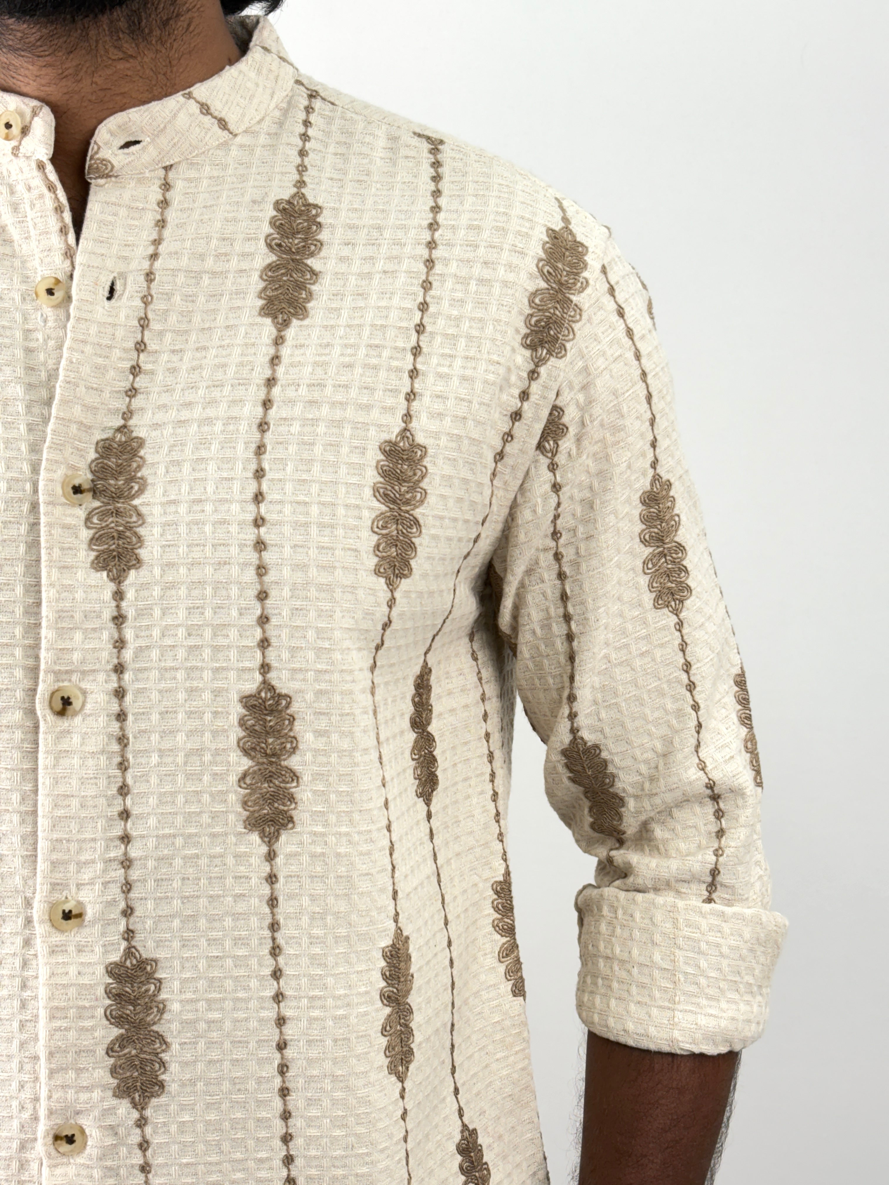 Cream Mandarin Collar Embroidery Shirt