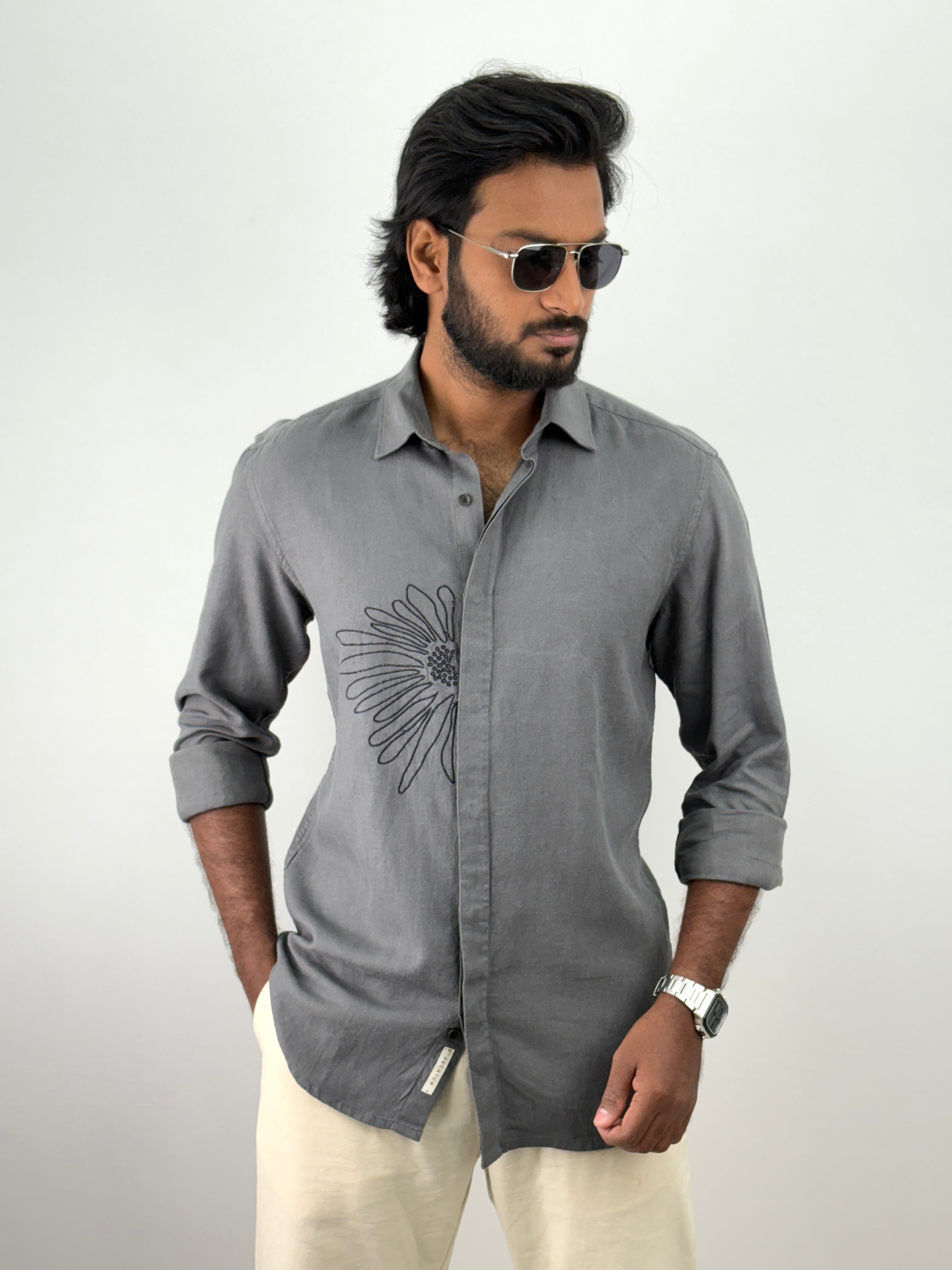 Grey Linen Embroidery Shirt