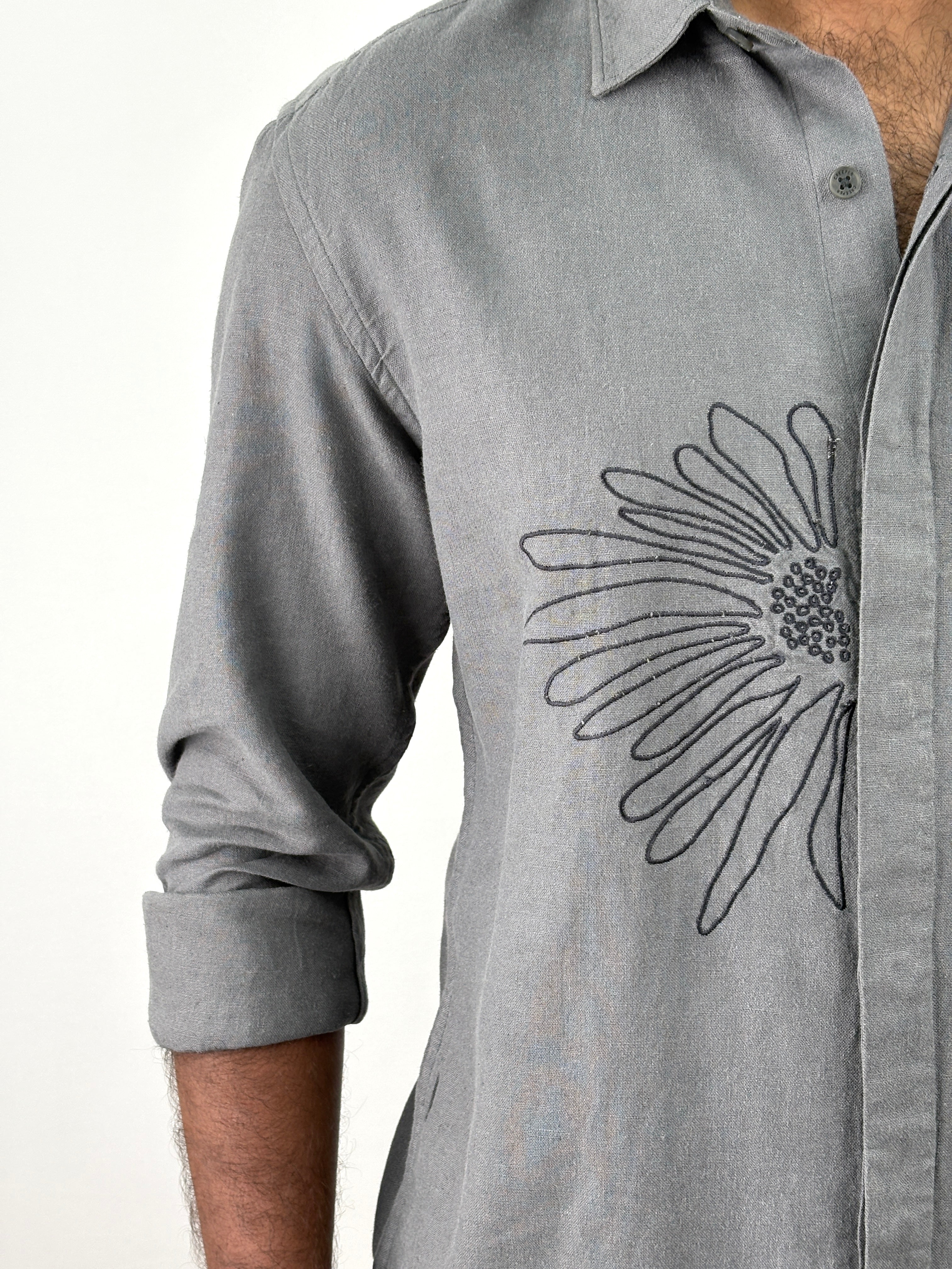Grey Linen Embroidery Shirt
