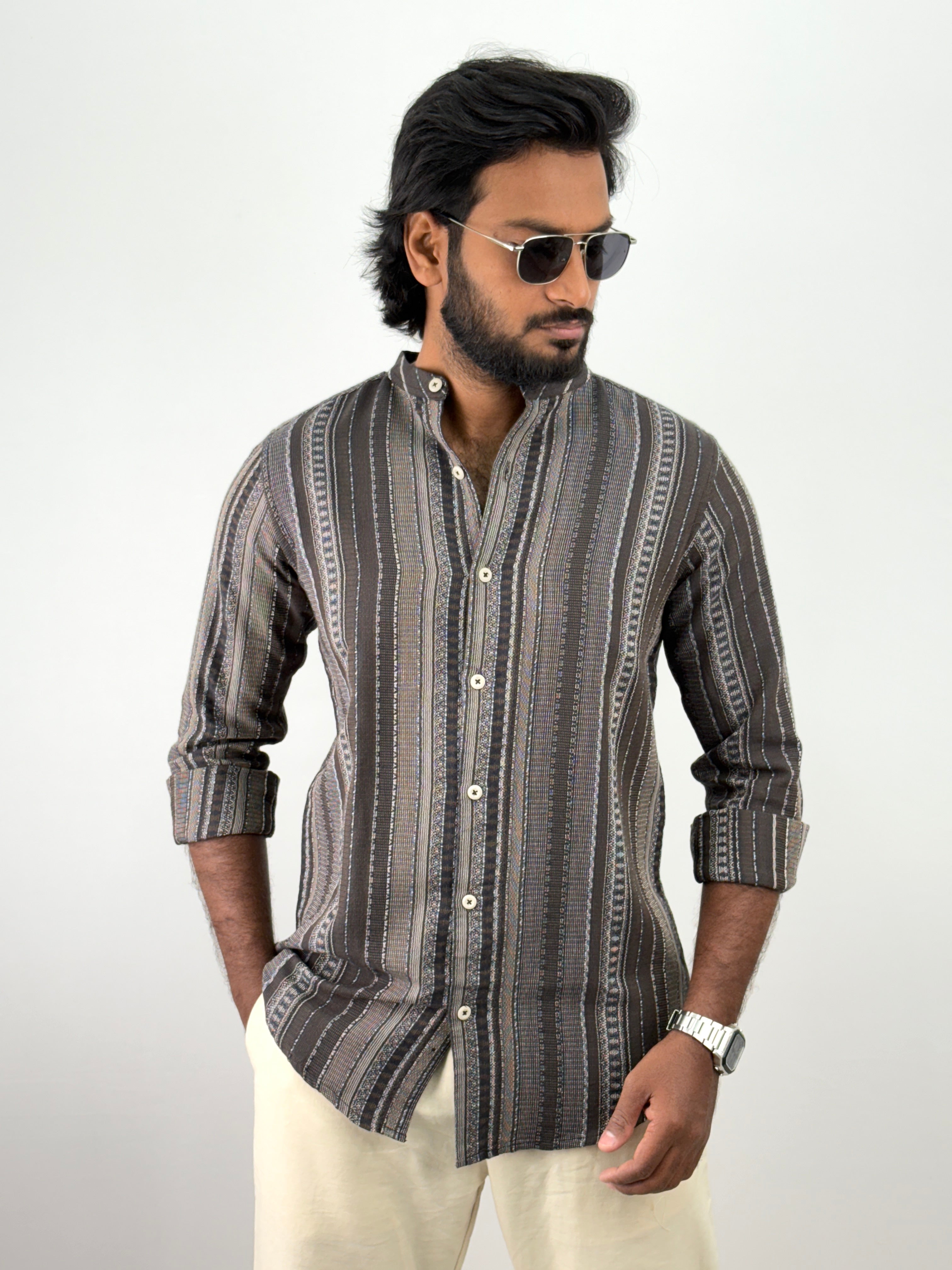 Brown Mandarin Collar Jacquard Shirt