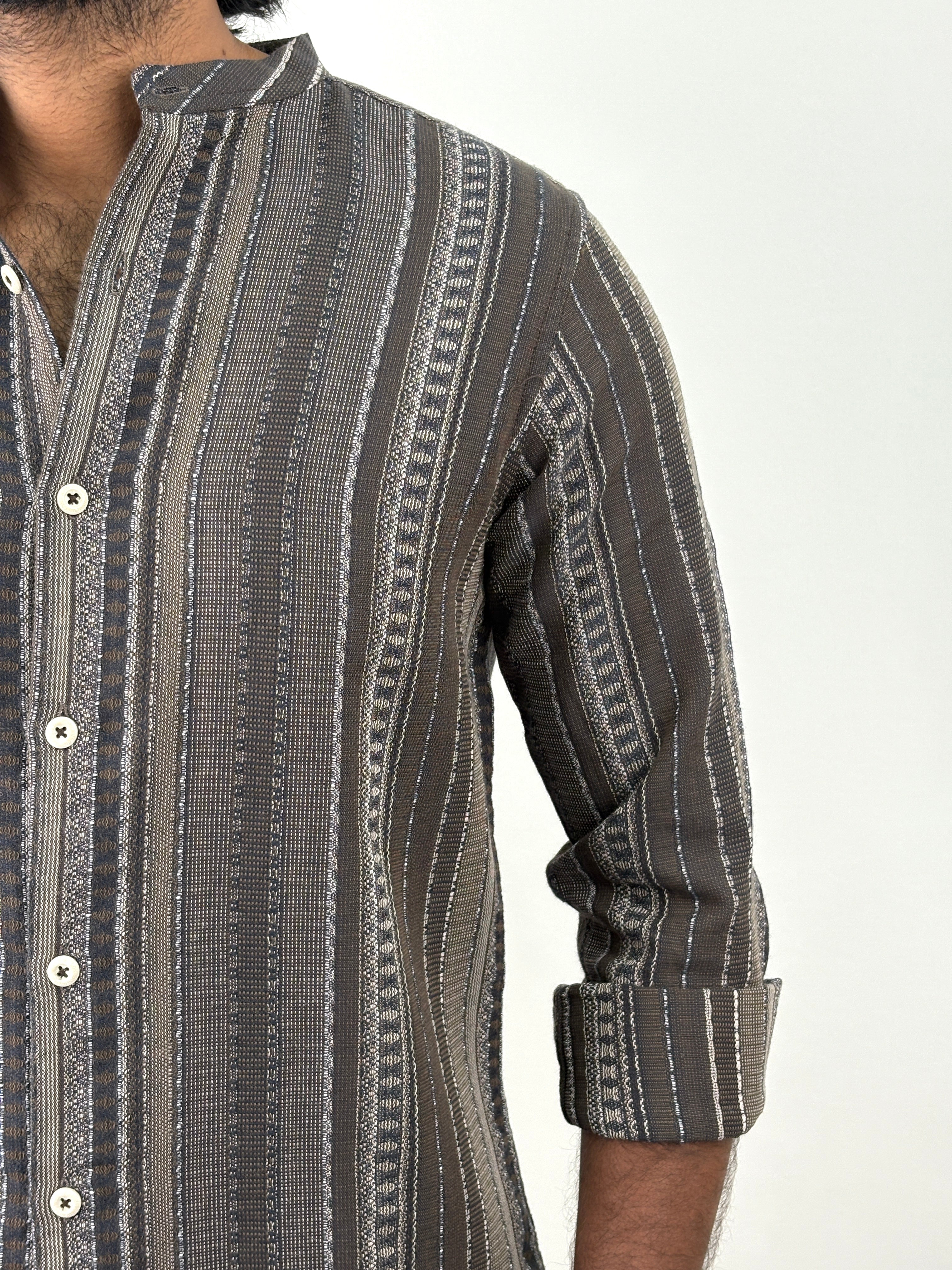 Brown Mandarin Collar Jacquard Shirt