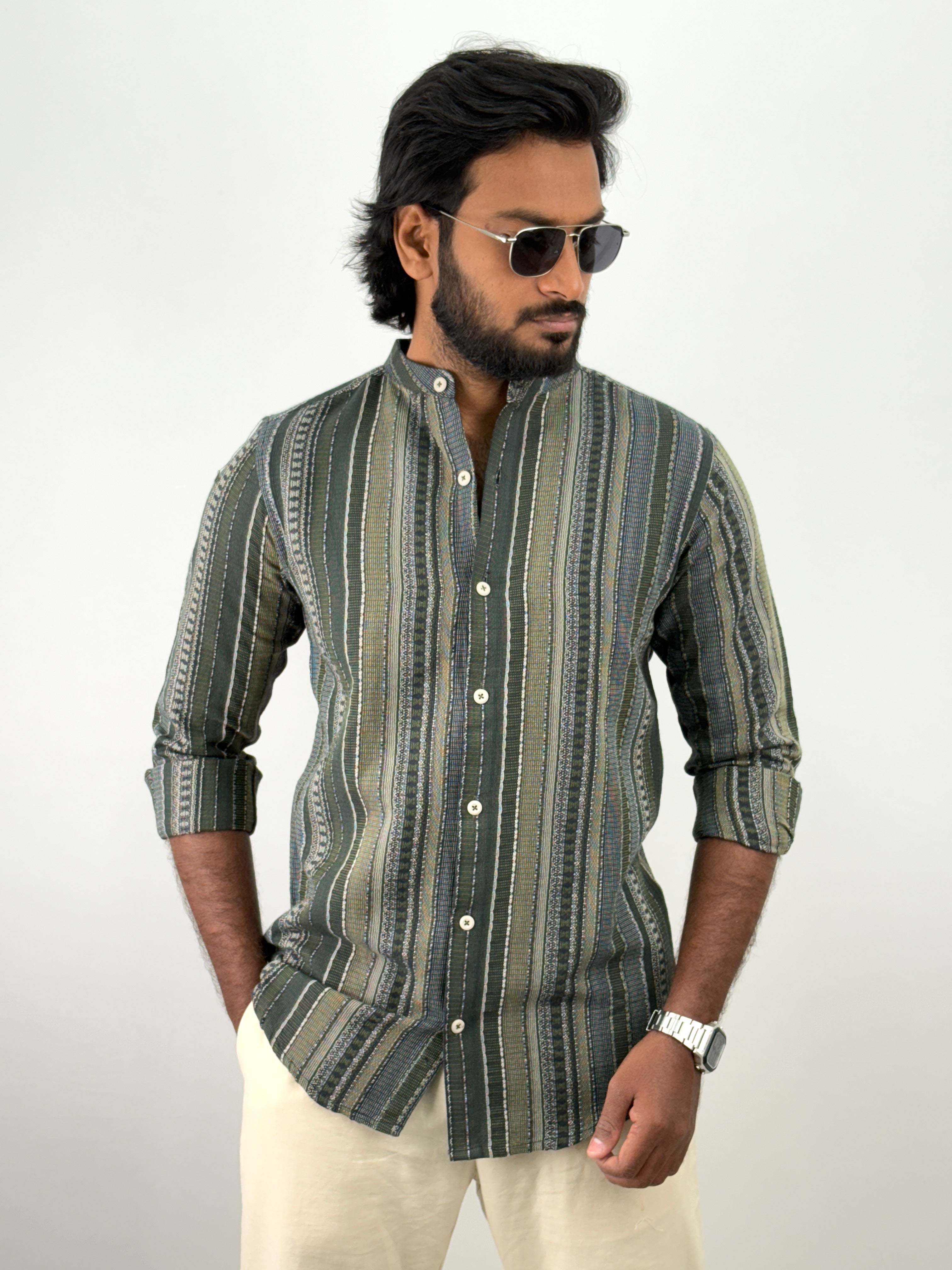 Green Mandarin Collar Jacquard Shirt