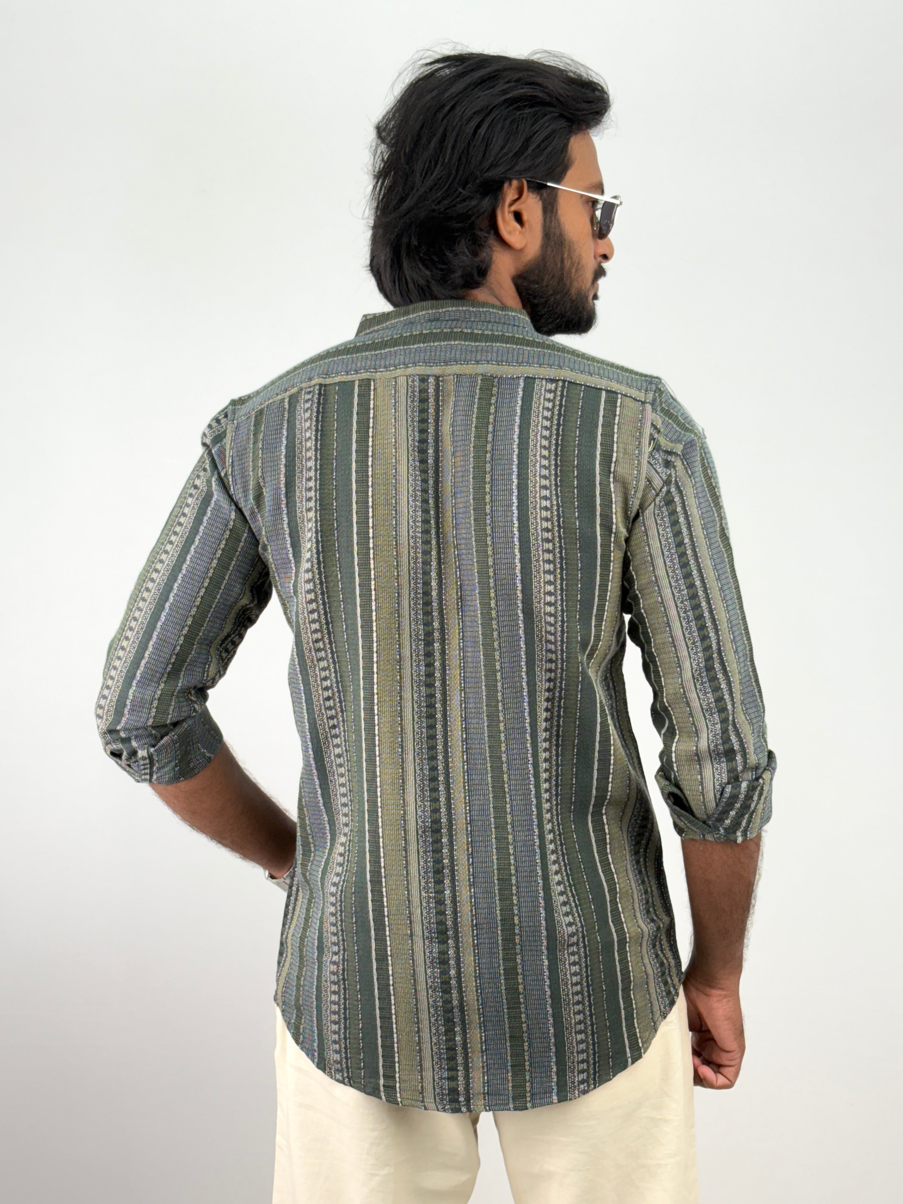 Green Mandarin Collar Jacquard Shirt