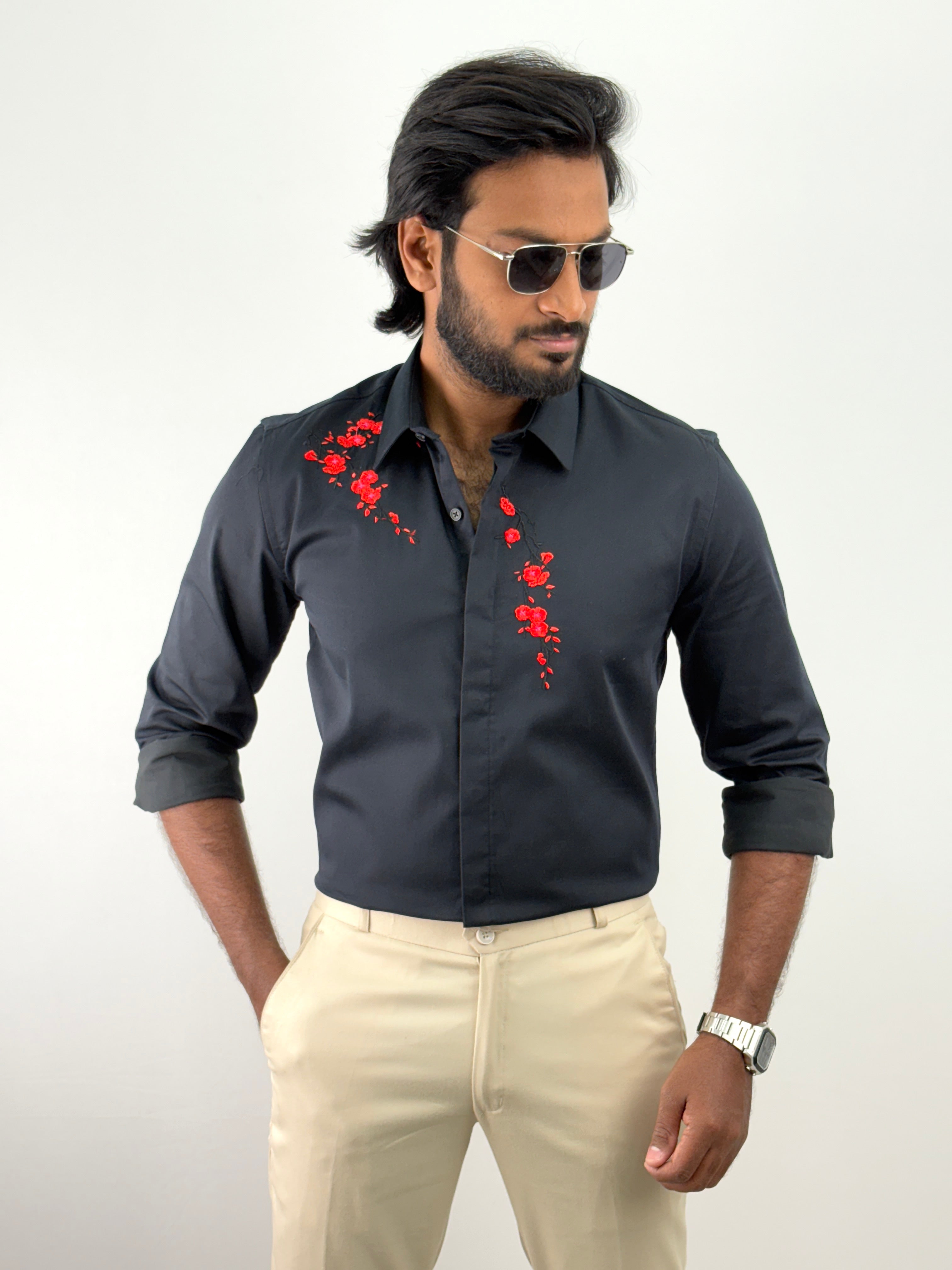 Black Sateen Embroidery Shirt