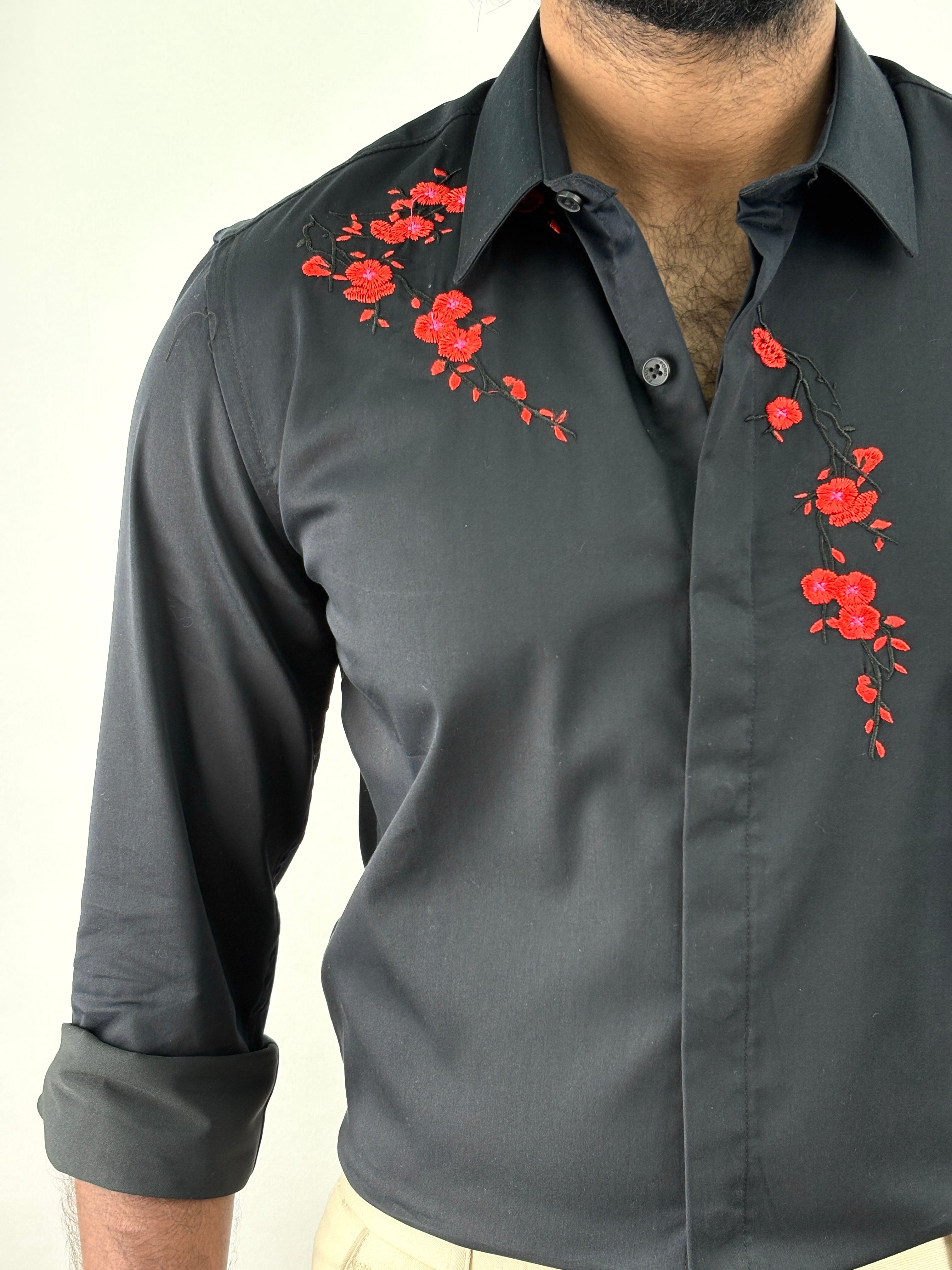 Black Sateen Embroidery Shirt