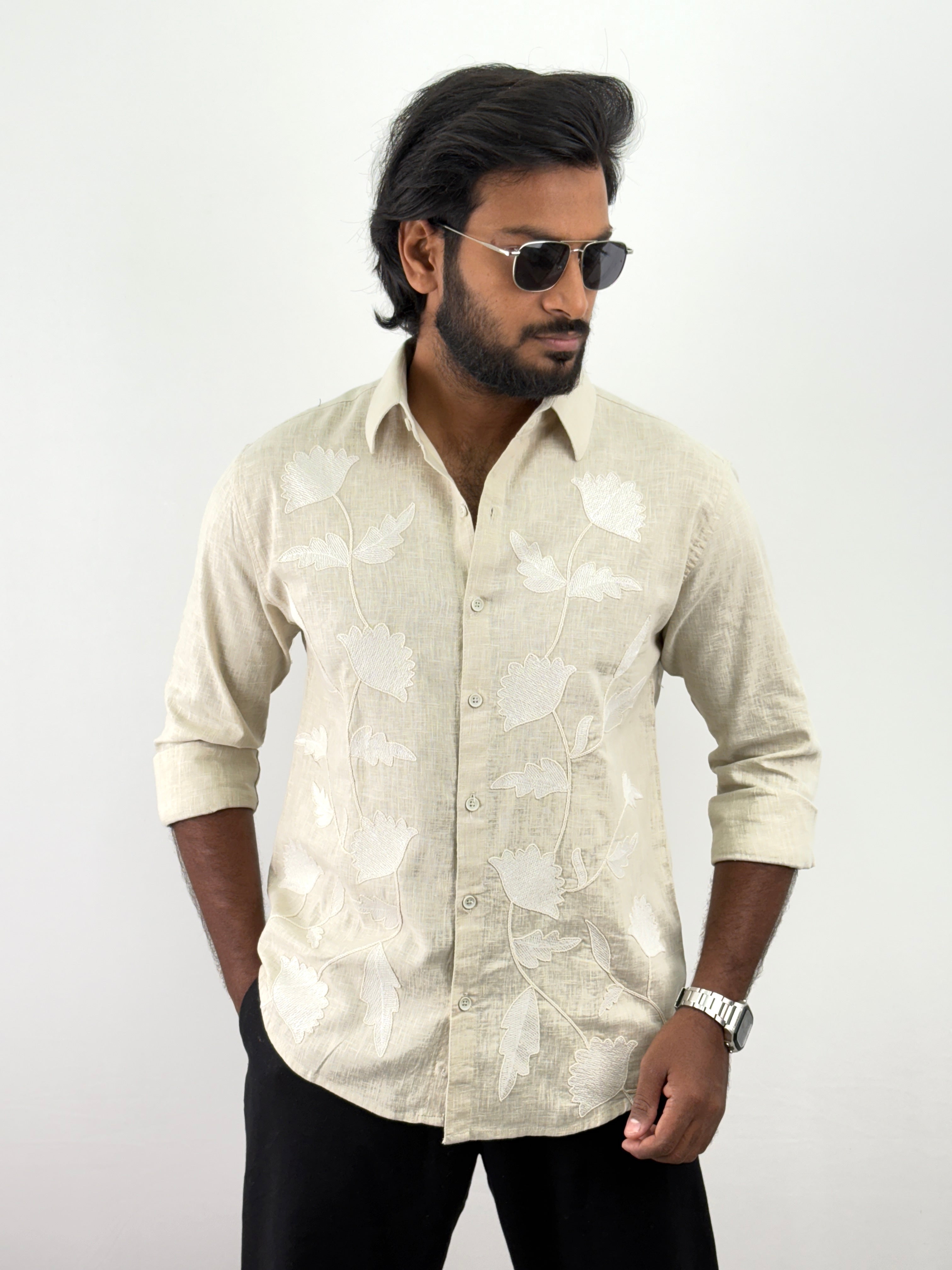 Beige Linen Embroidery Shirts