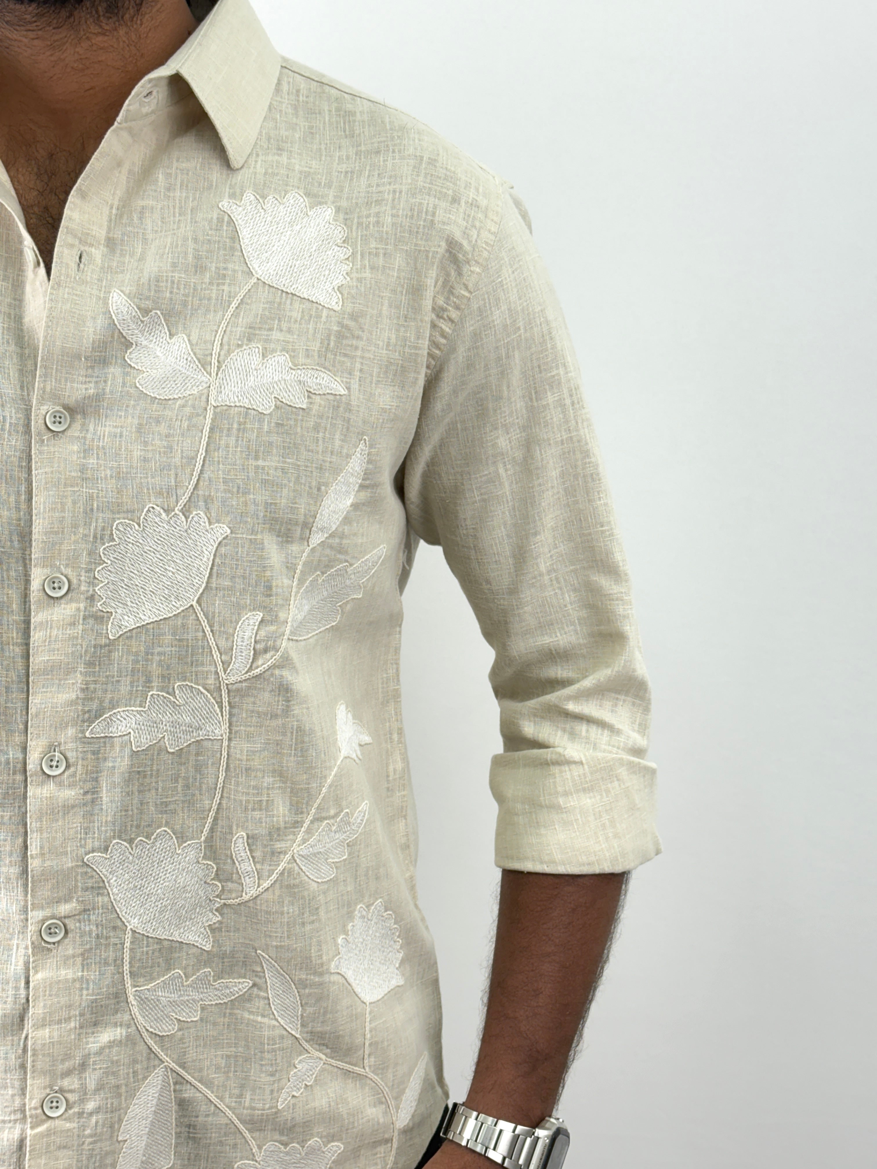 Beige Linen Embroidery Shirts