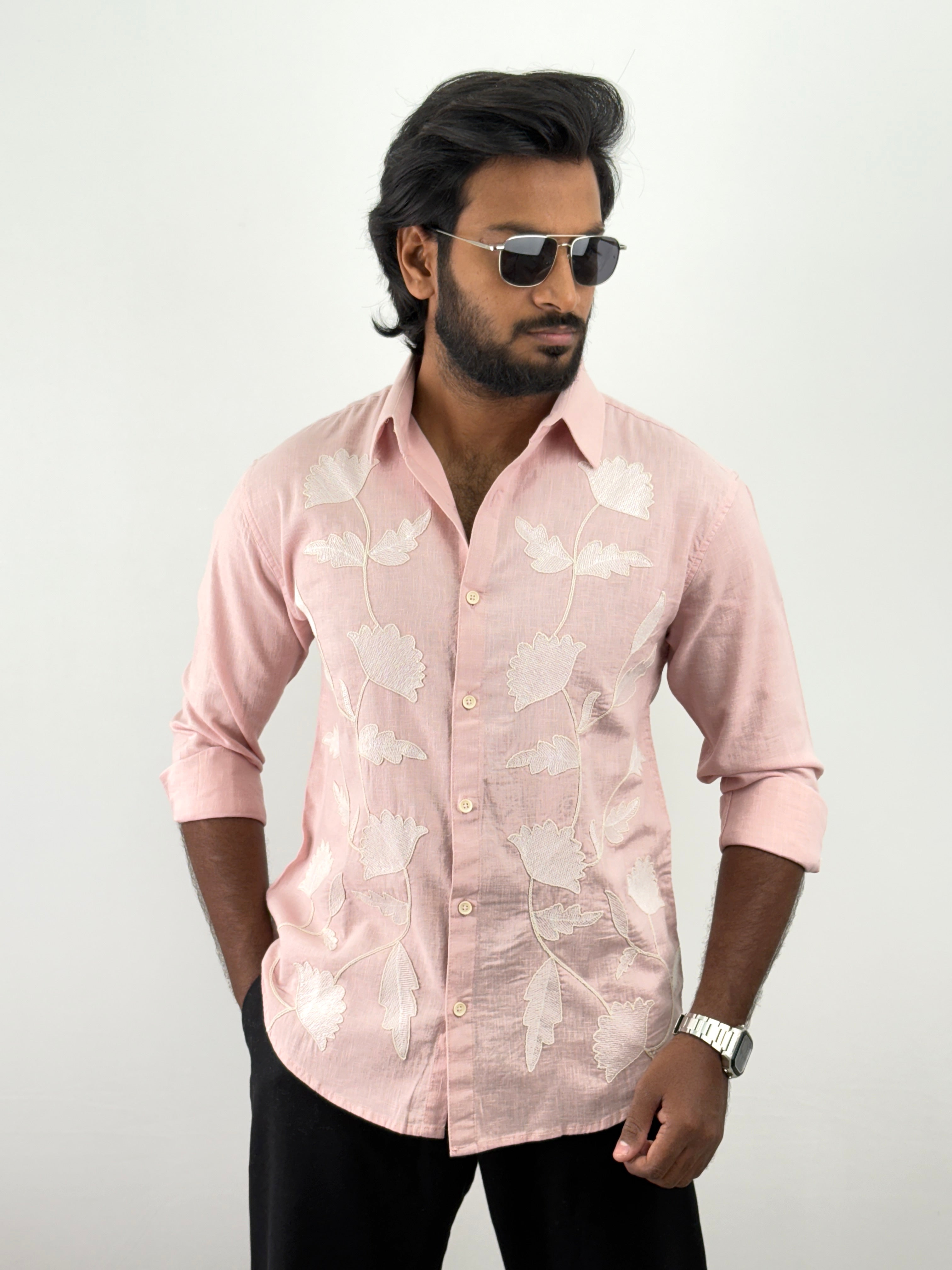 Pink Linen Embroidery Shirts