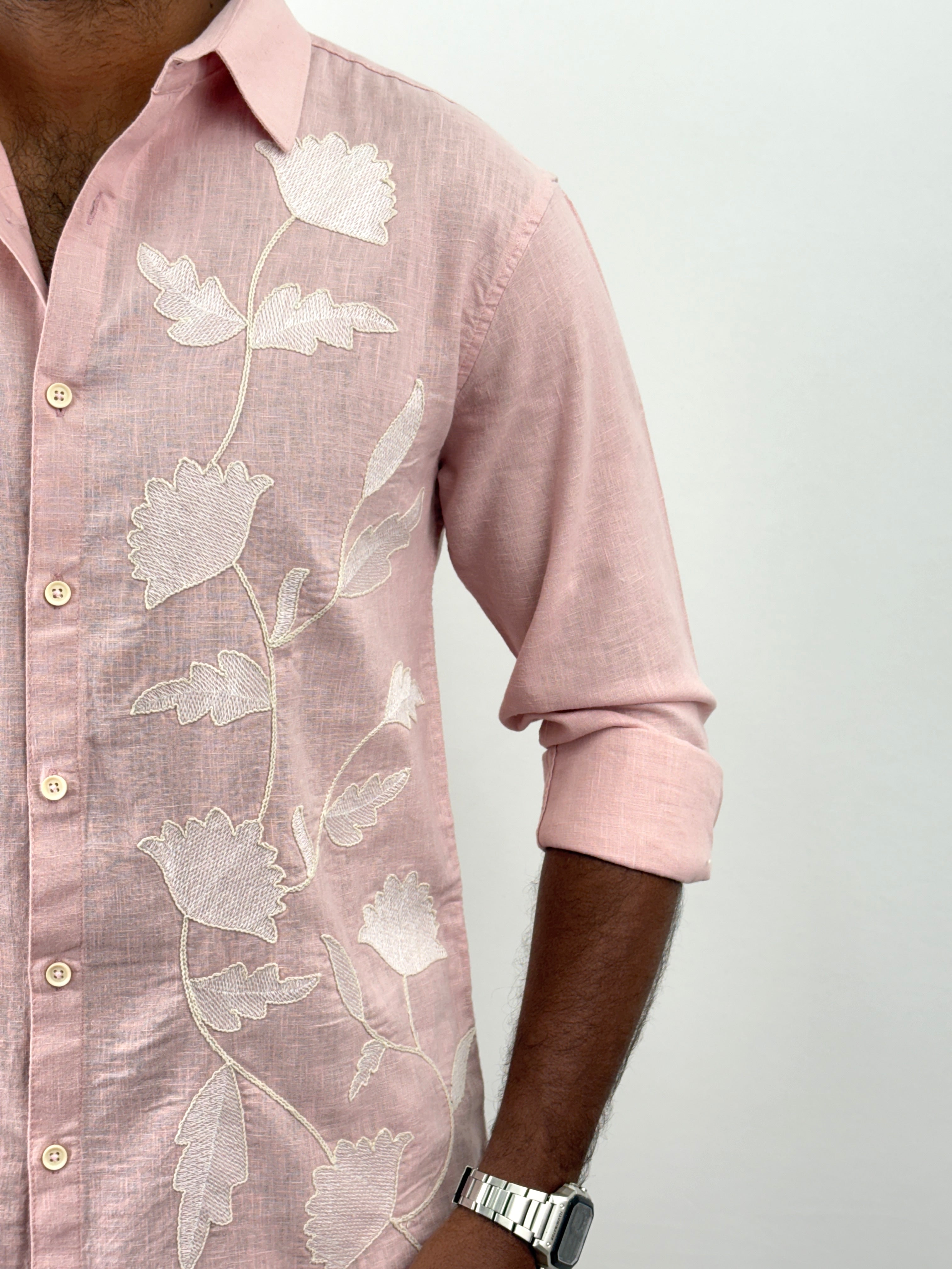 Pink Linen Embroidery Shirts