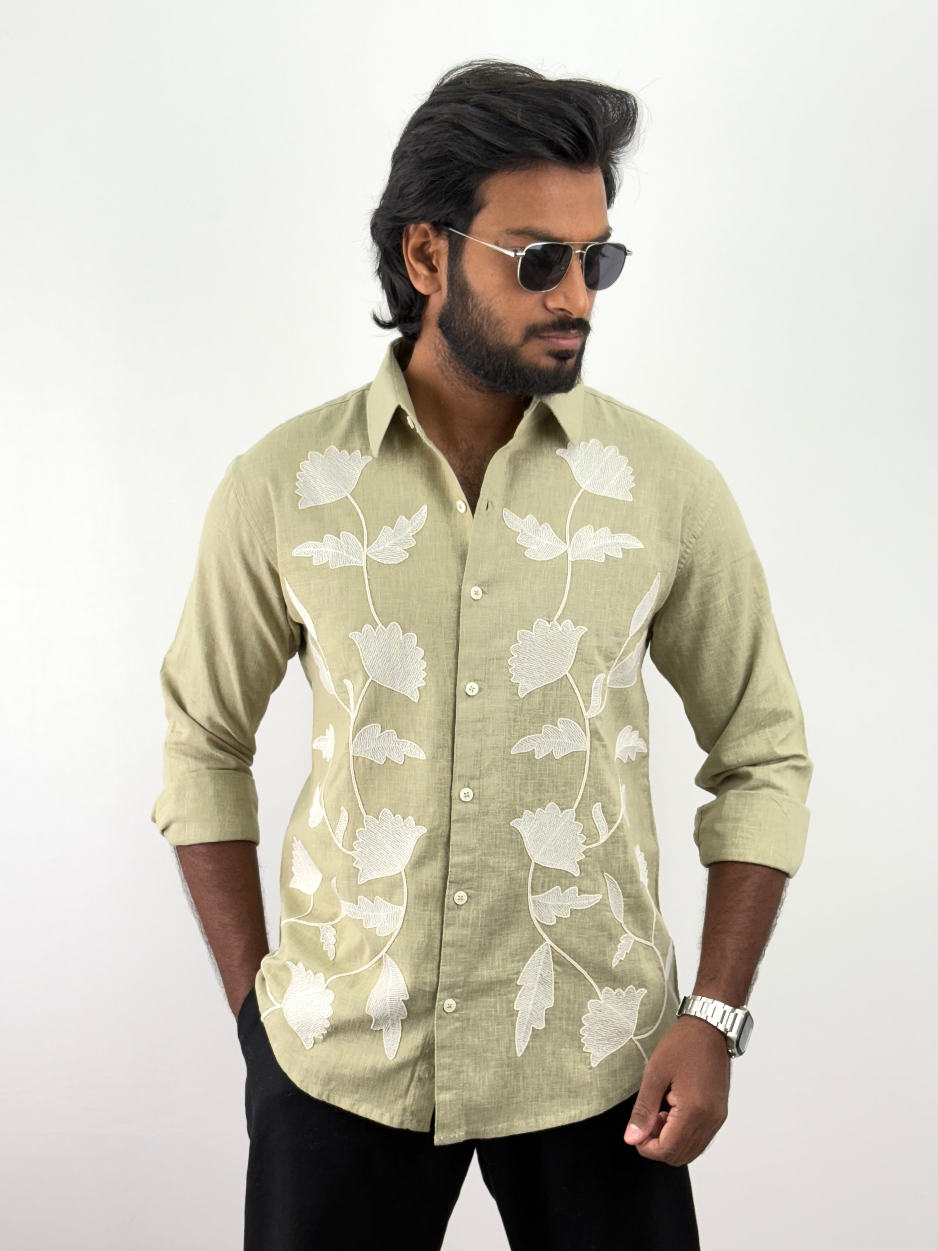 Green Linen Embroidery Shirts