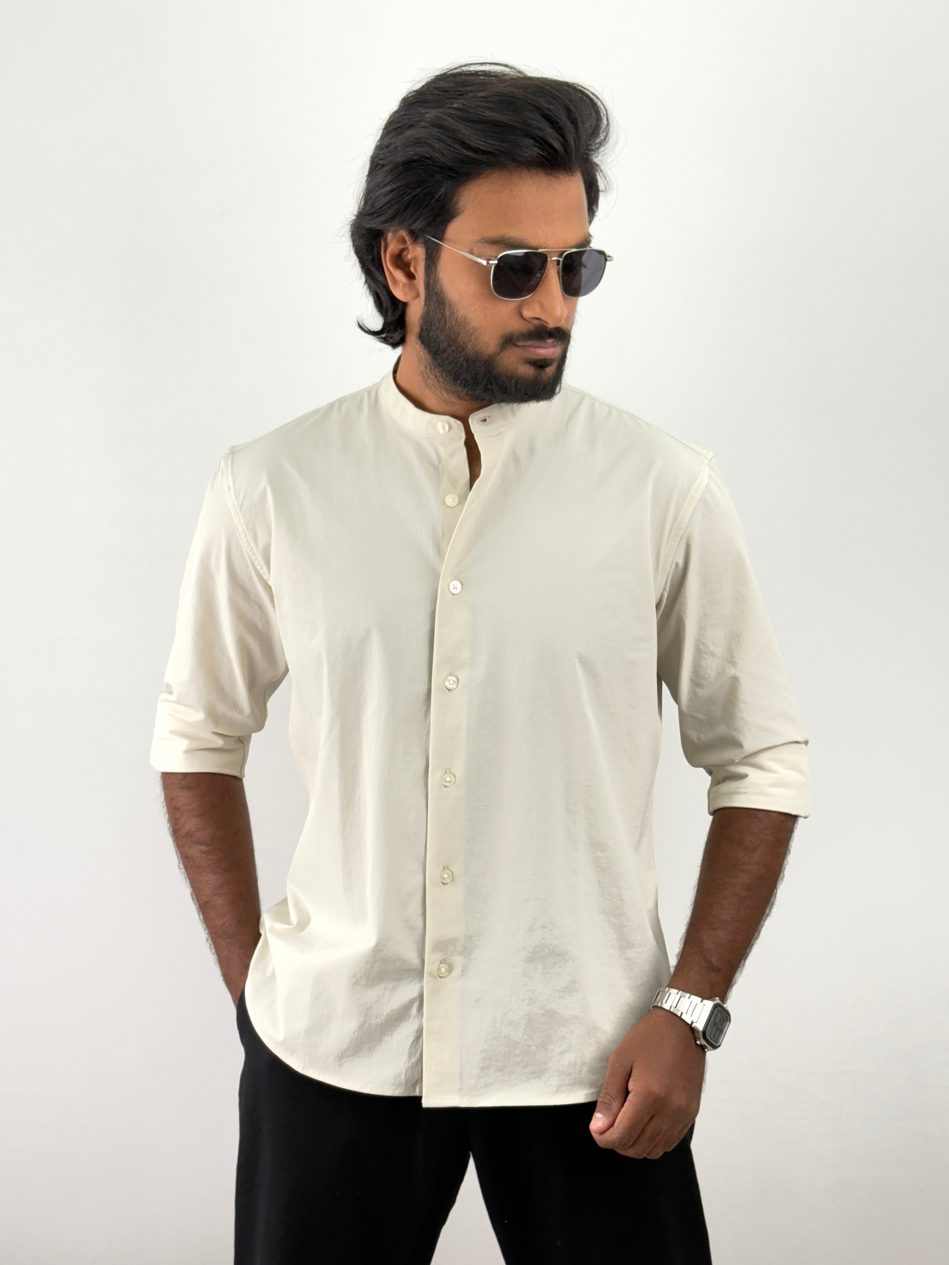 Beige Mandarin Collar Shirt