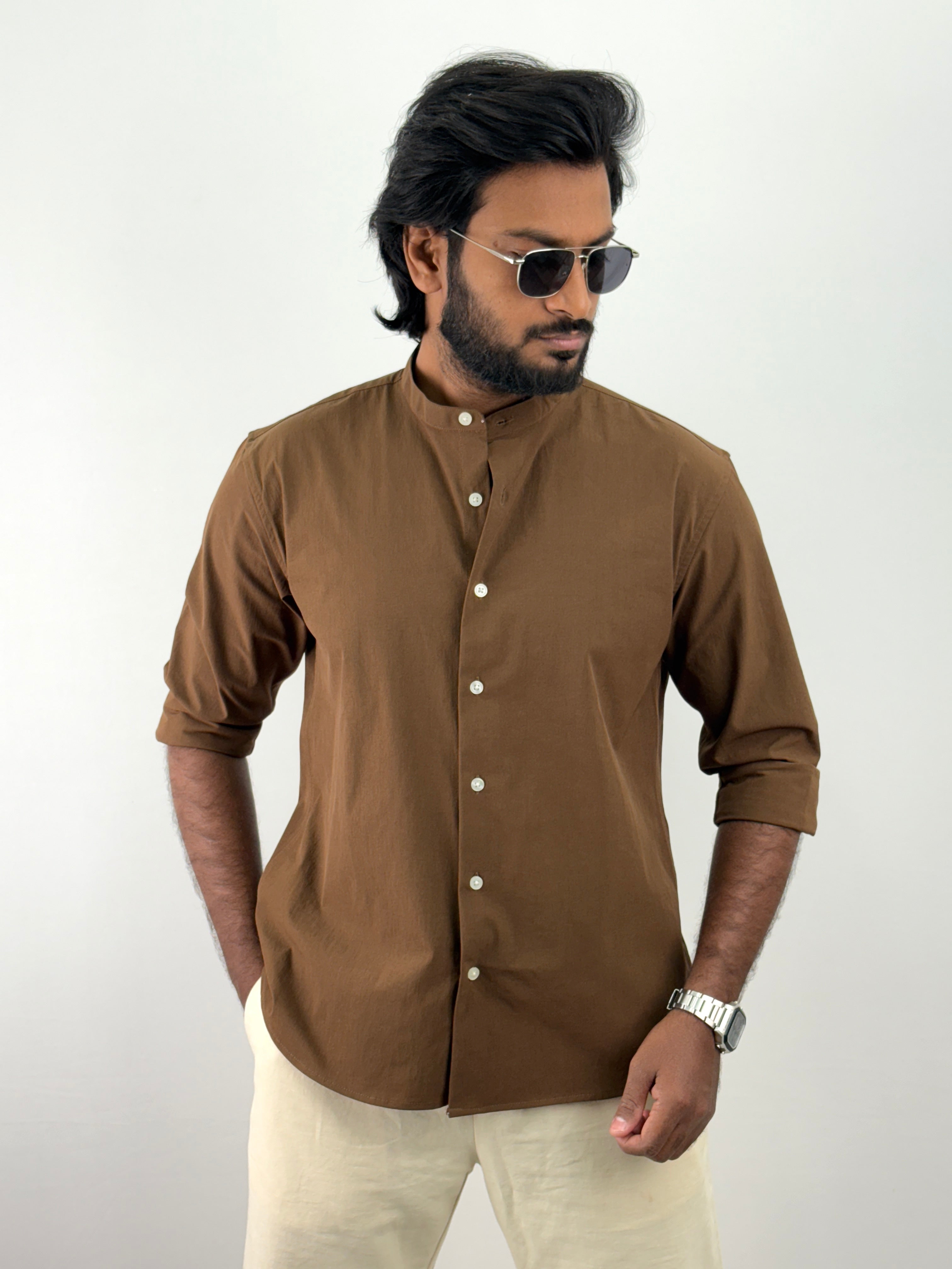 Brown Mandarin Collar Shirt