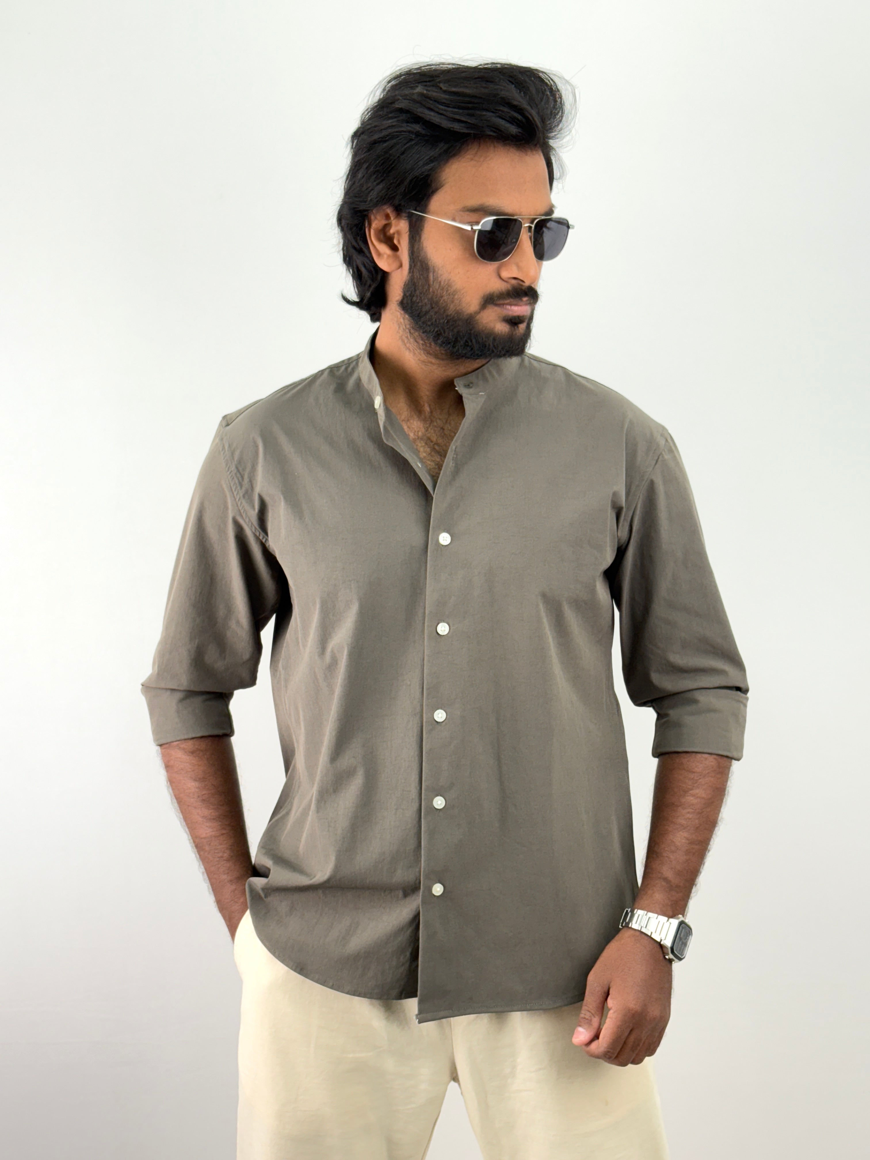 Olive Mandarin Collar Shirt