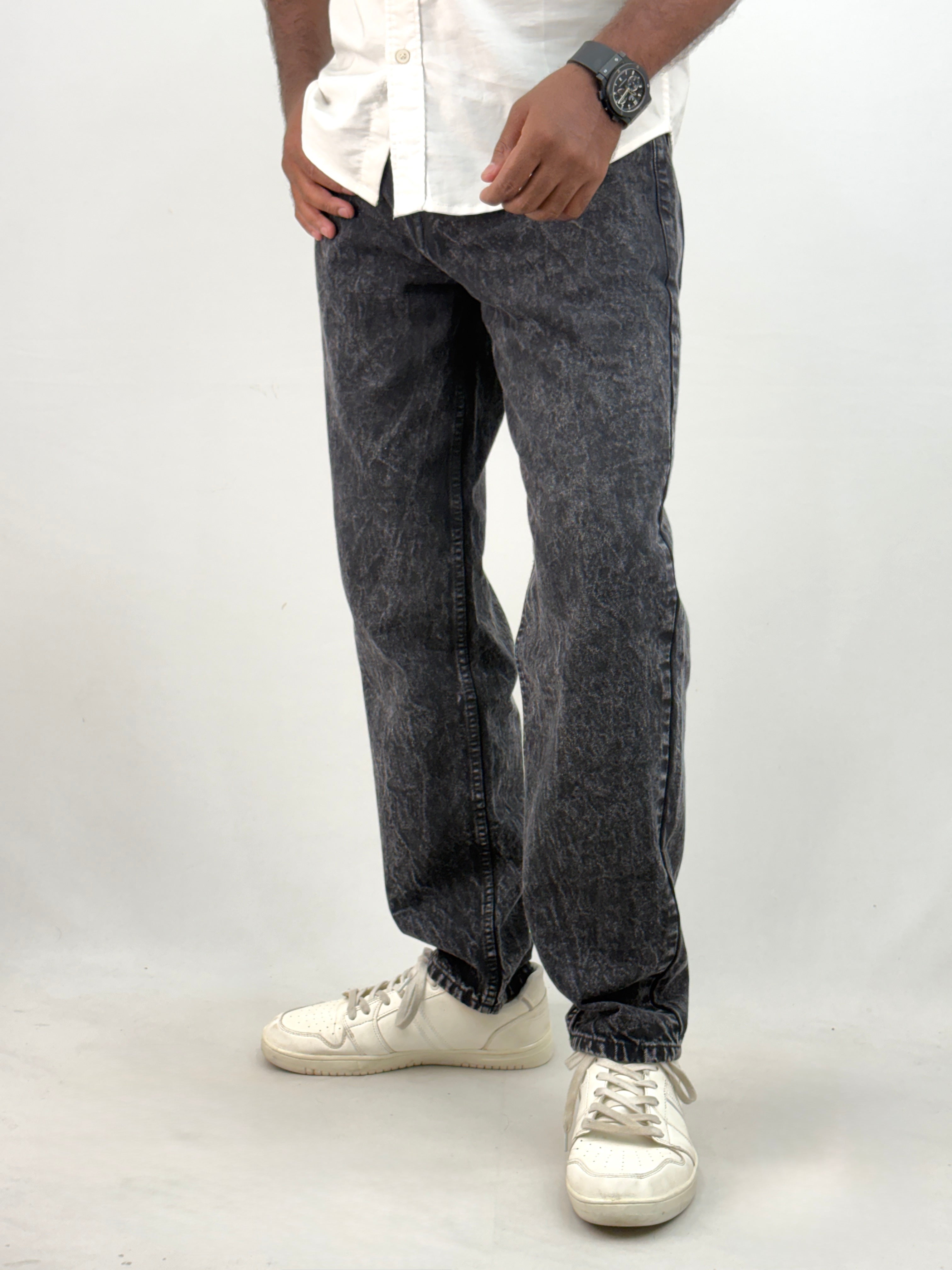 Black Acid Wash Semi Baggy Jean